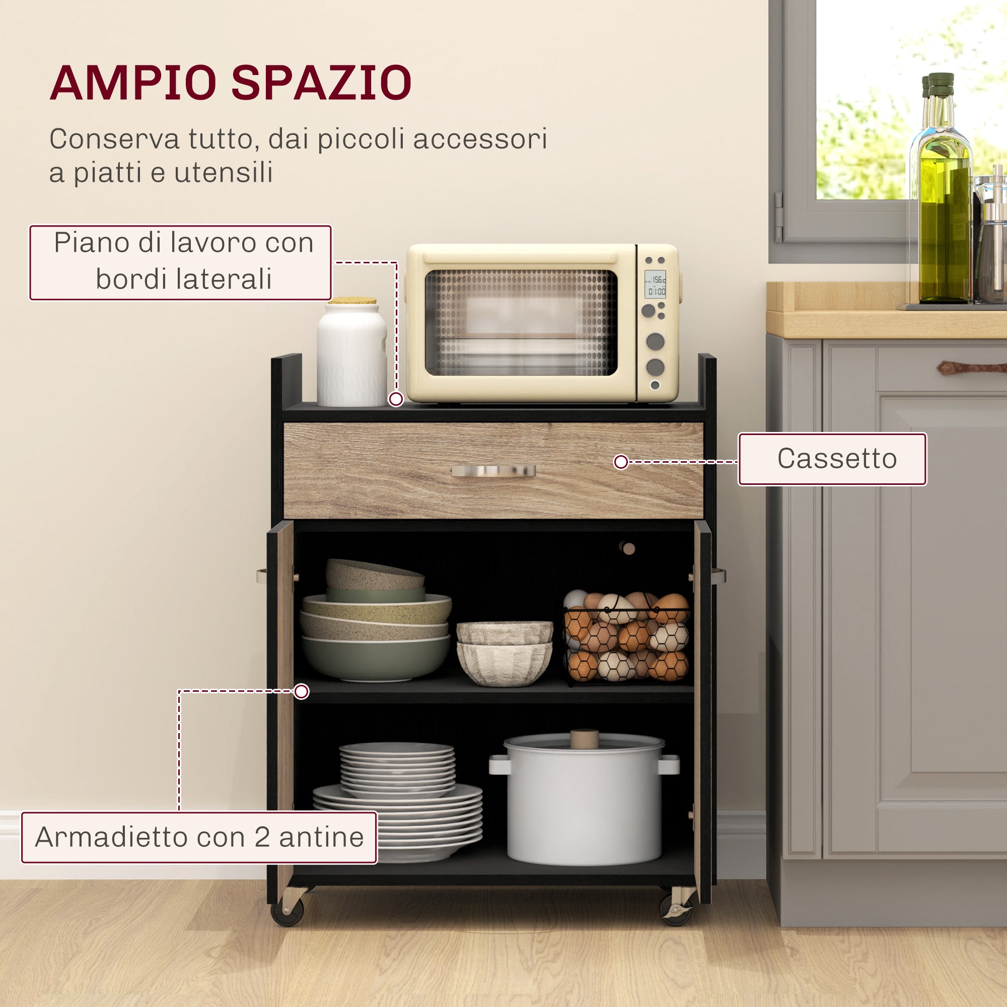 Microwave Kitchen Cart with Drawer and Cabinet, Kitchen Island in Wood with 4 Wheels and Adjustable Shelf, 60x40x77 cm, Black and Gray