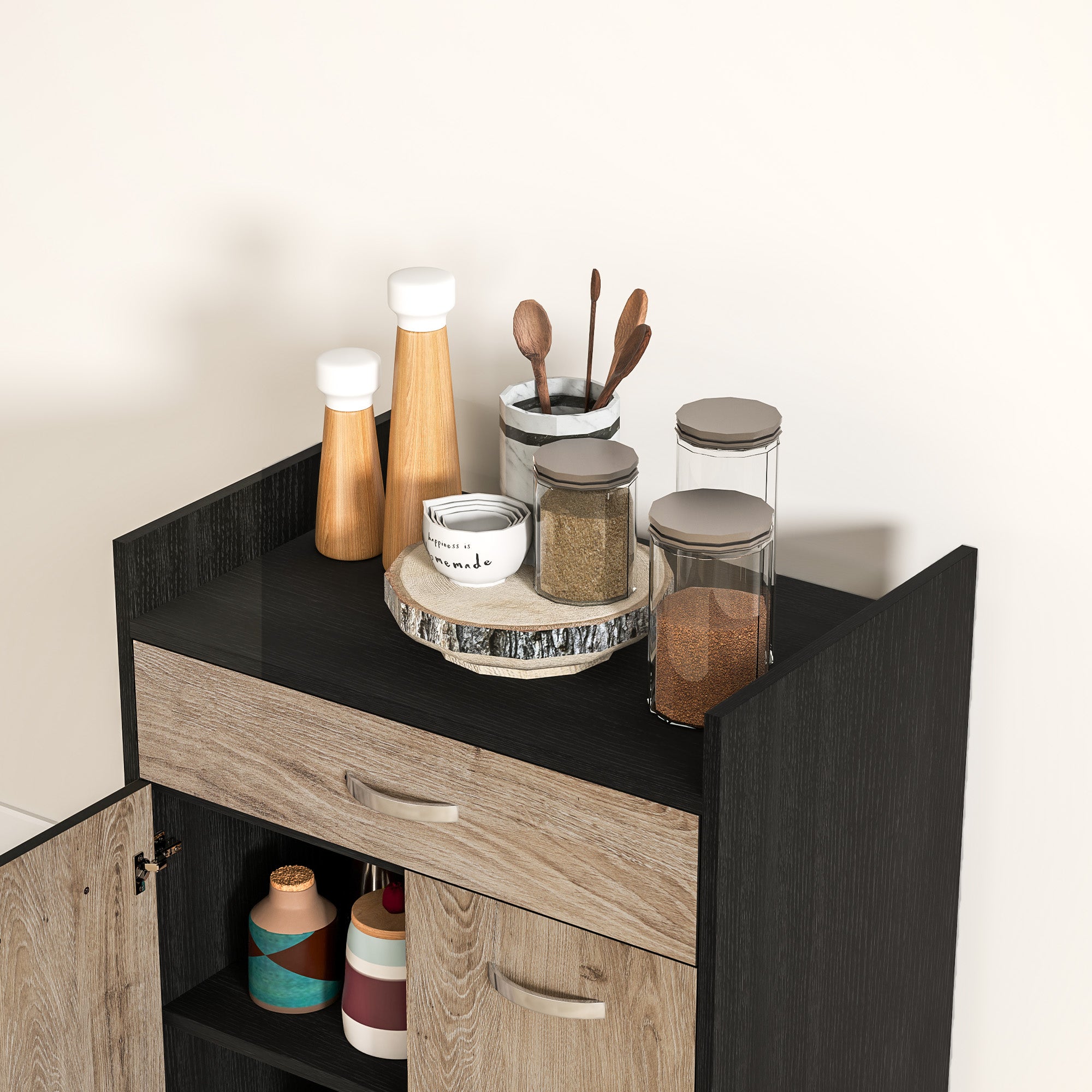 Microwave Kitchen Cart with Drawer and Cabinet, Kitchen Island in Wood with 4 Wheels and Adjustable Shelf, 60x40x77 cm, Black and Gray