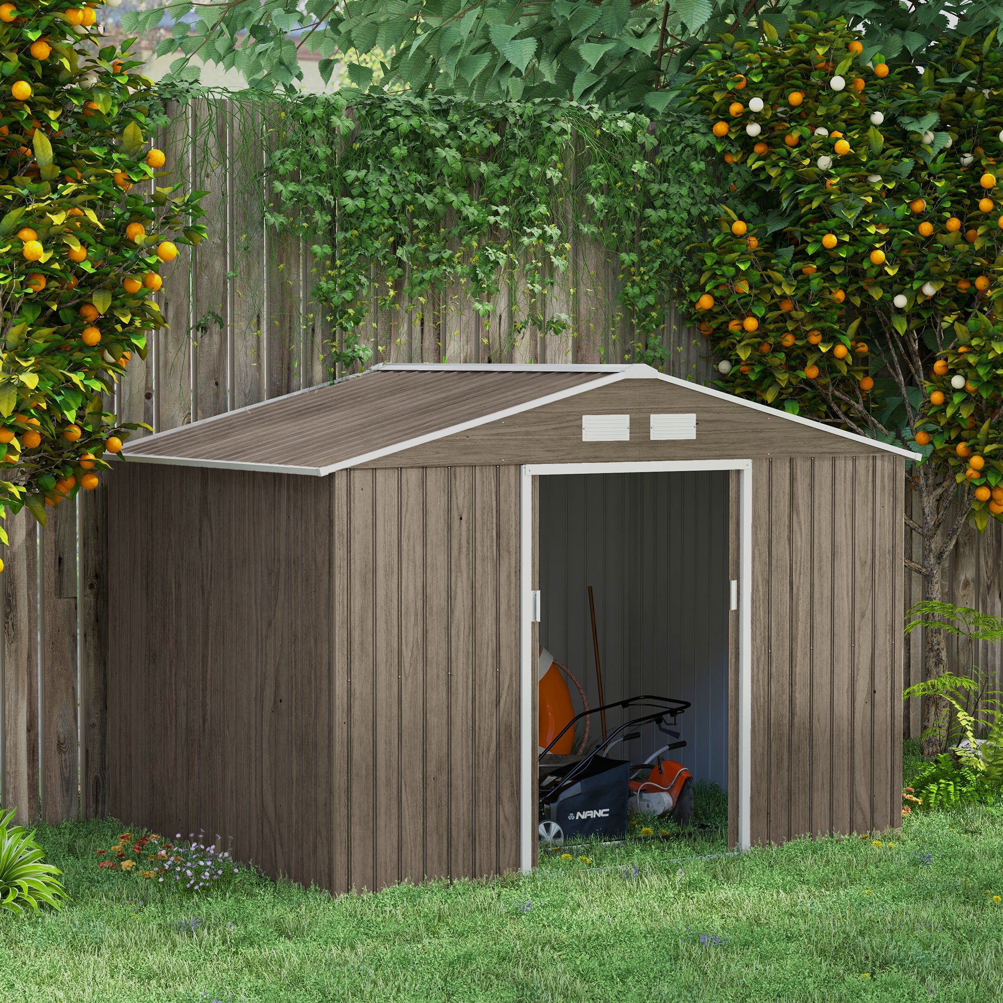 Tool Shed 4.9 m², Garden House with Gable Roof, Sliding Door, Foundation, 277 x 195 x 192 cm, Tool Shed Made of Galvanized Steel, Weatherproof, for Garden, Brown