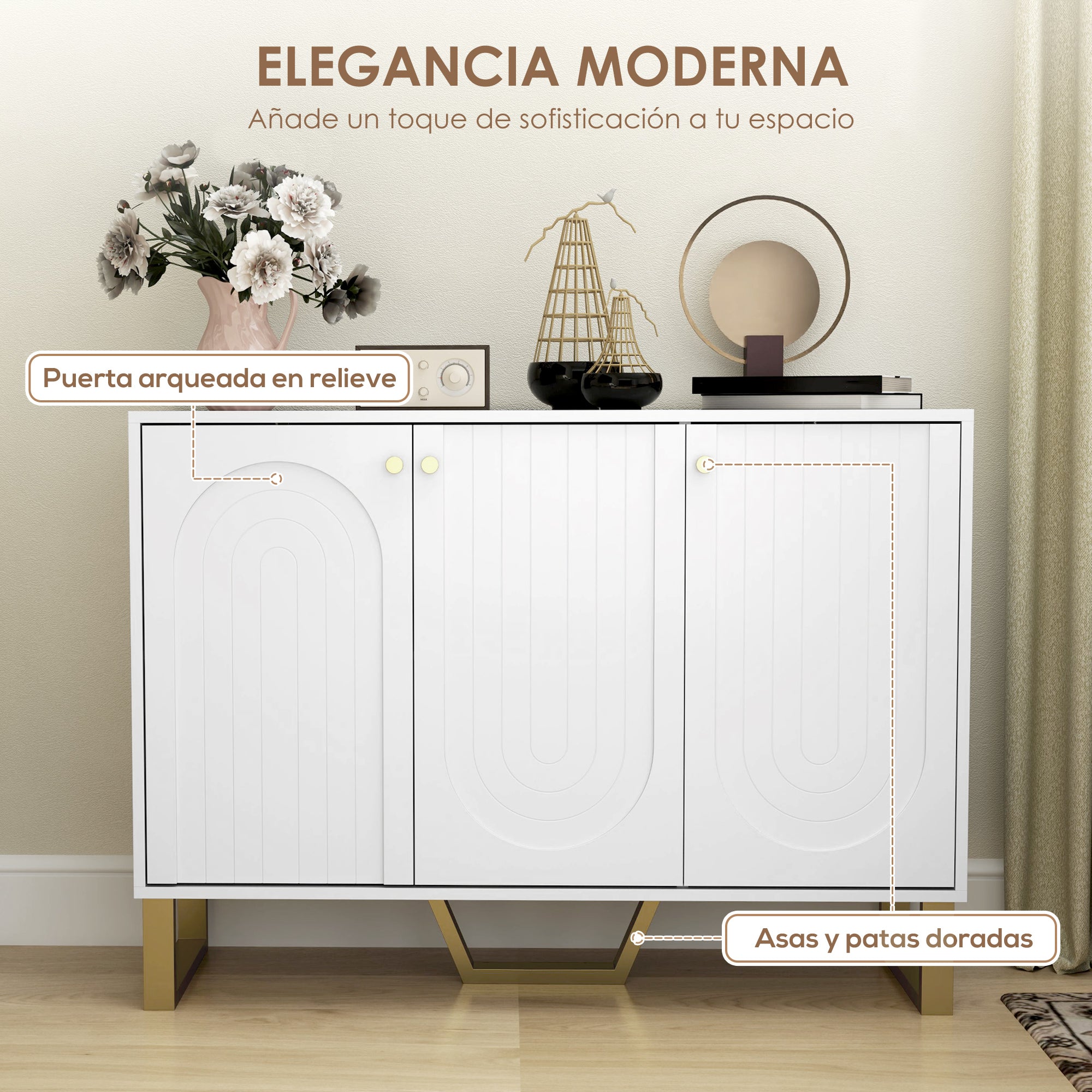 Sideboard 3 Doors Modern Living Room Sideboard with Adjustable Shelves and Golden Legs for Dining Room Entryway TV Stand up to 50 inches White 106.5x35x77.5 cm