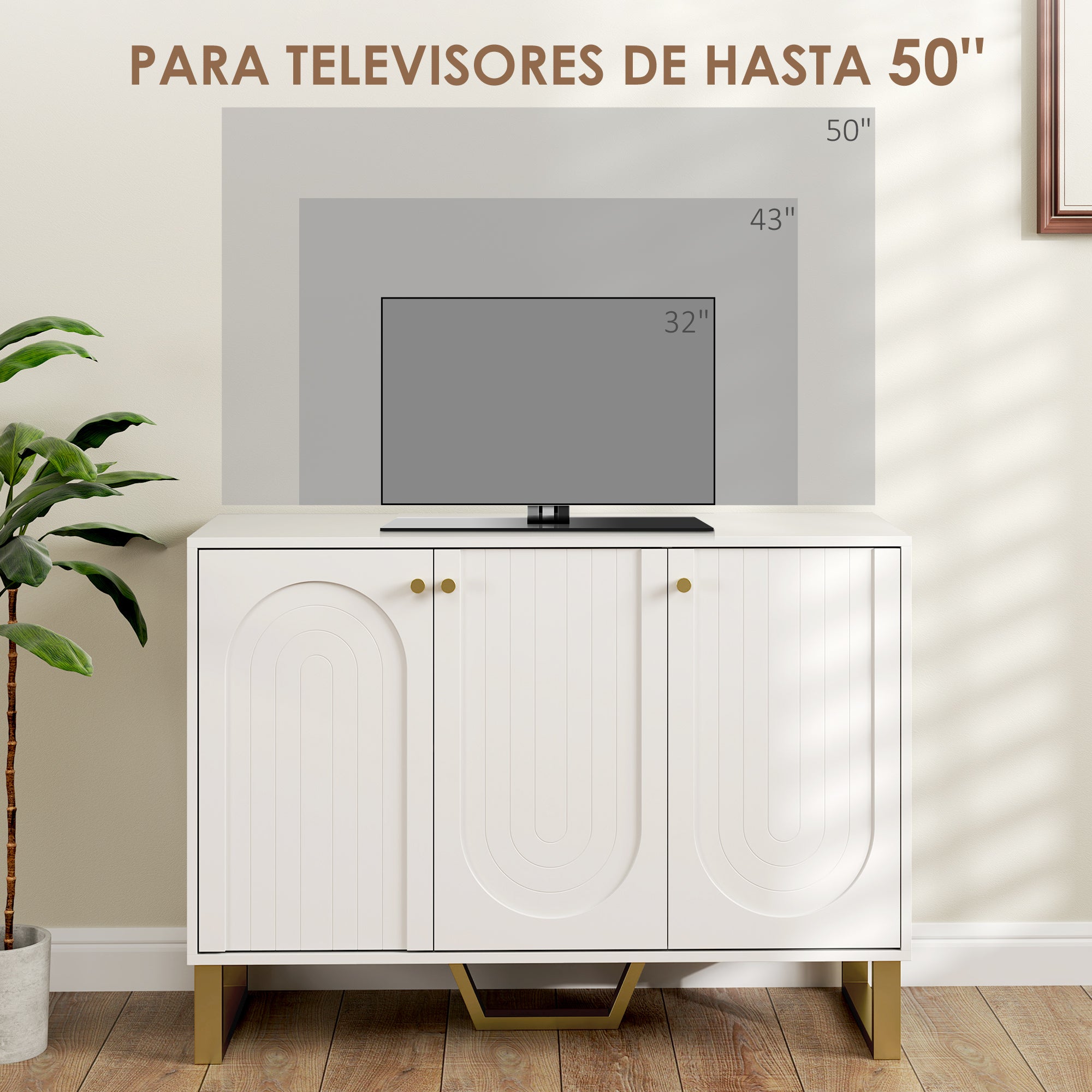 Sideboard 3 Doors Modern Living Room Sideboard with Adjustable Shelves and Golden Legs for Dining Room Entryway TV Stand up to 50 inches White 106.5x35x77.5 cm