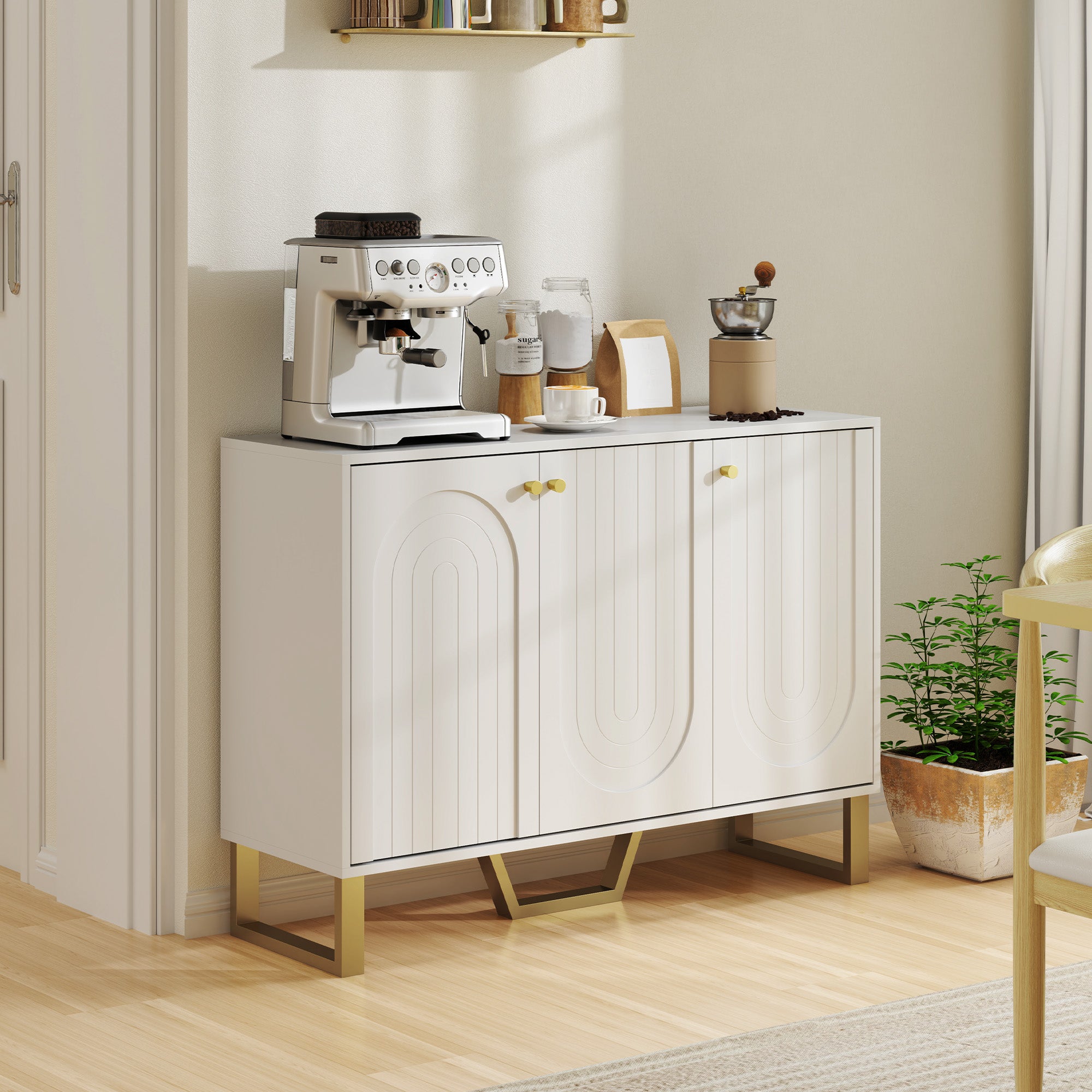 Sideboard 3 Doors Modern Living Room Sideboard with Adjustable Shelves and Golden Legs for Dining Room Entryway TV Stand up to 50 inches White 106.5x35x77.5 cm