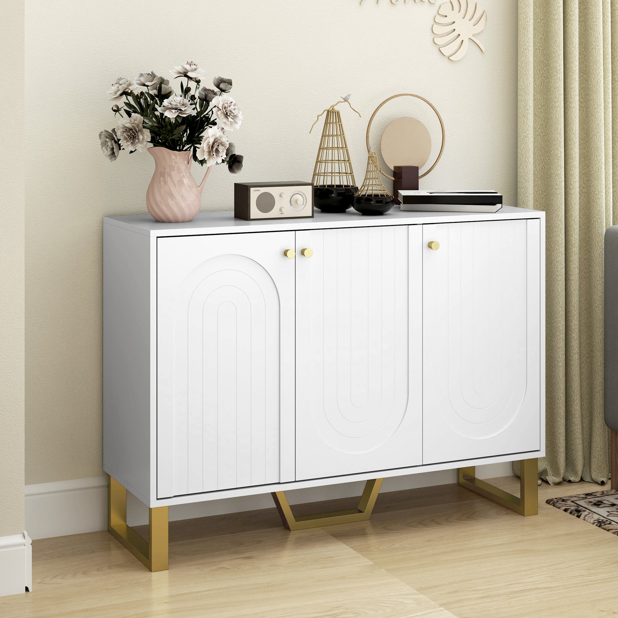 Sideboard 3 Doors Modern Living Room Sideboard with Adjustable Shelves and Golden Legs for Dining Room Entryway TV Stand up to 50 inches White 106.5x35x77.5 cm