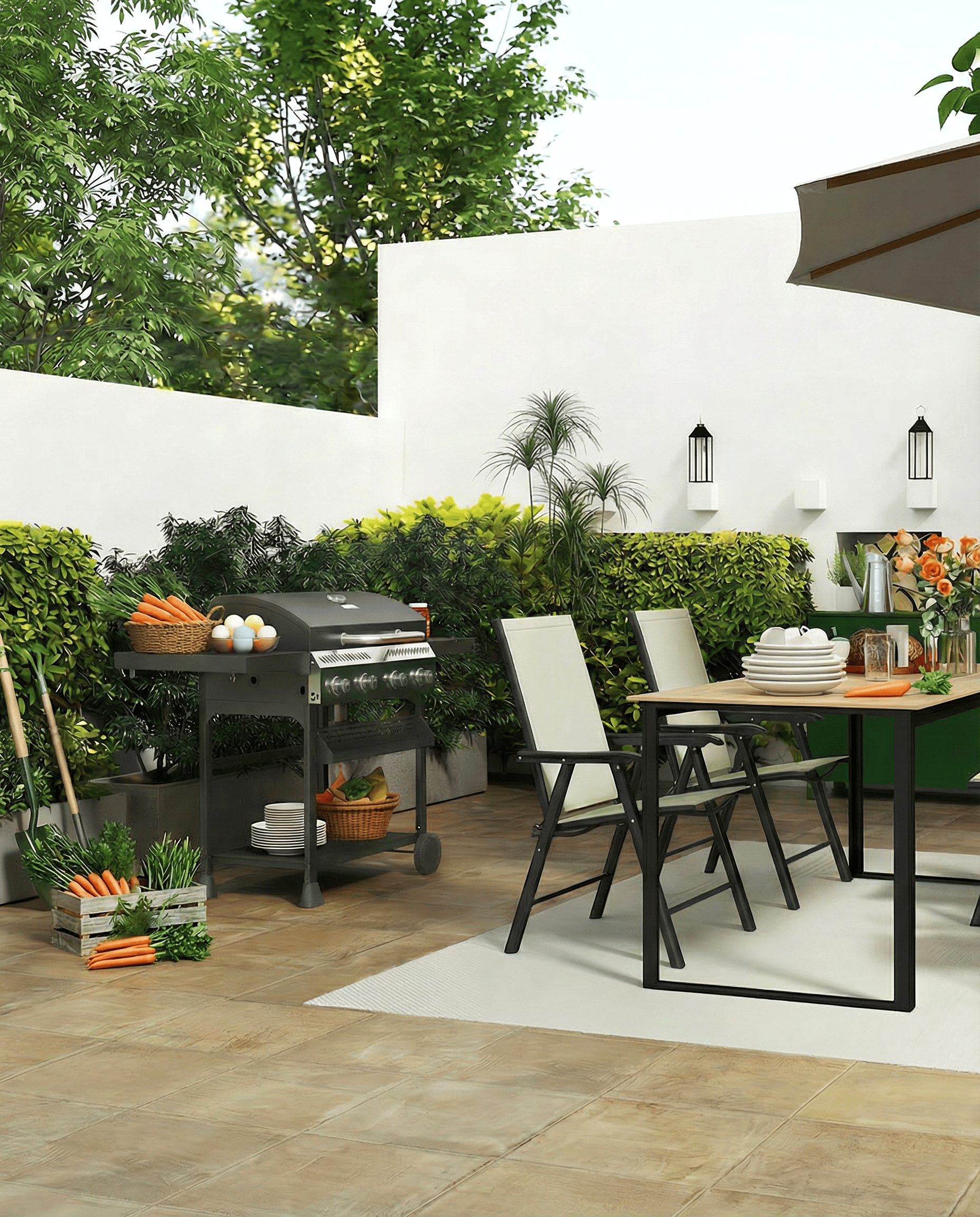 Outdoor patio with grill, table, chairs, and decorative elements.