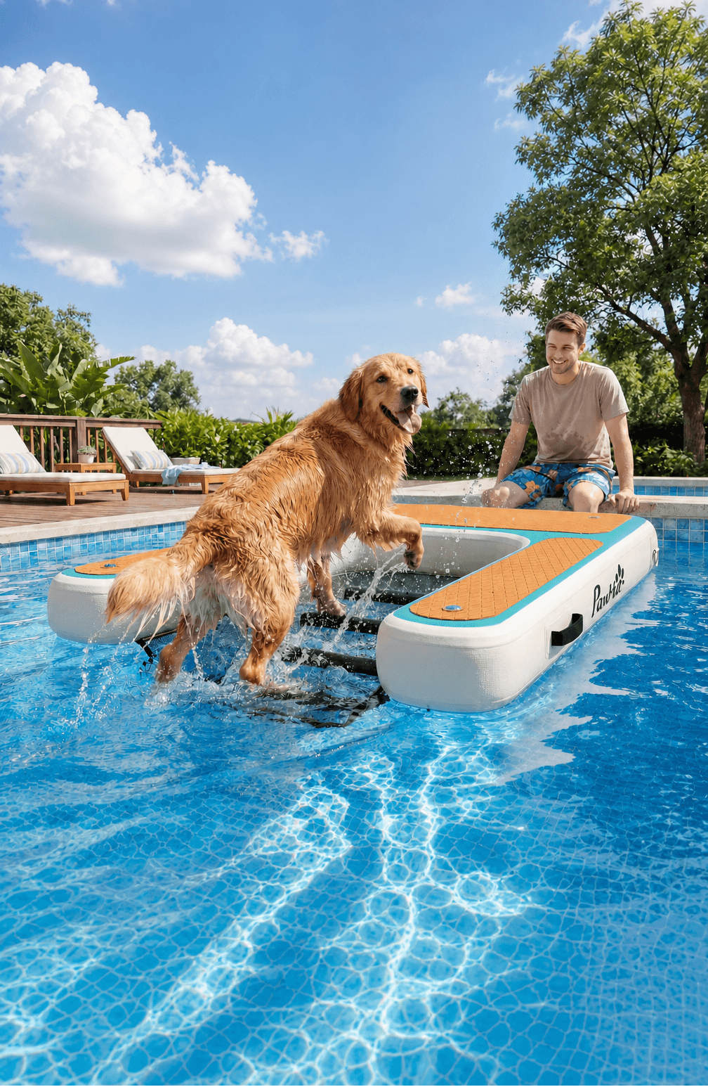 Man and dog using a pool diving board on a sunny day