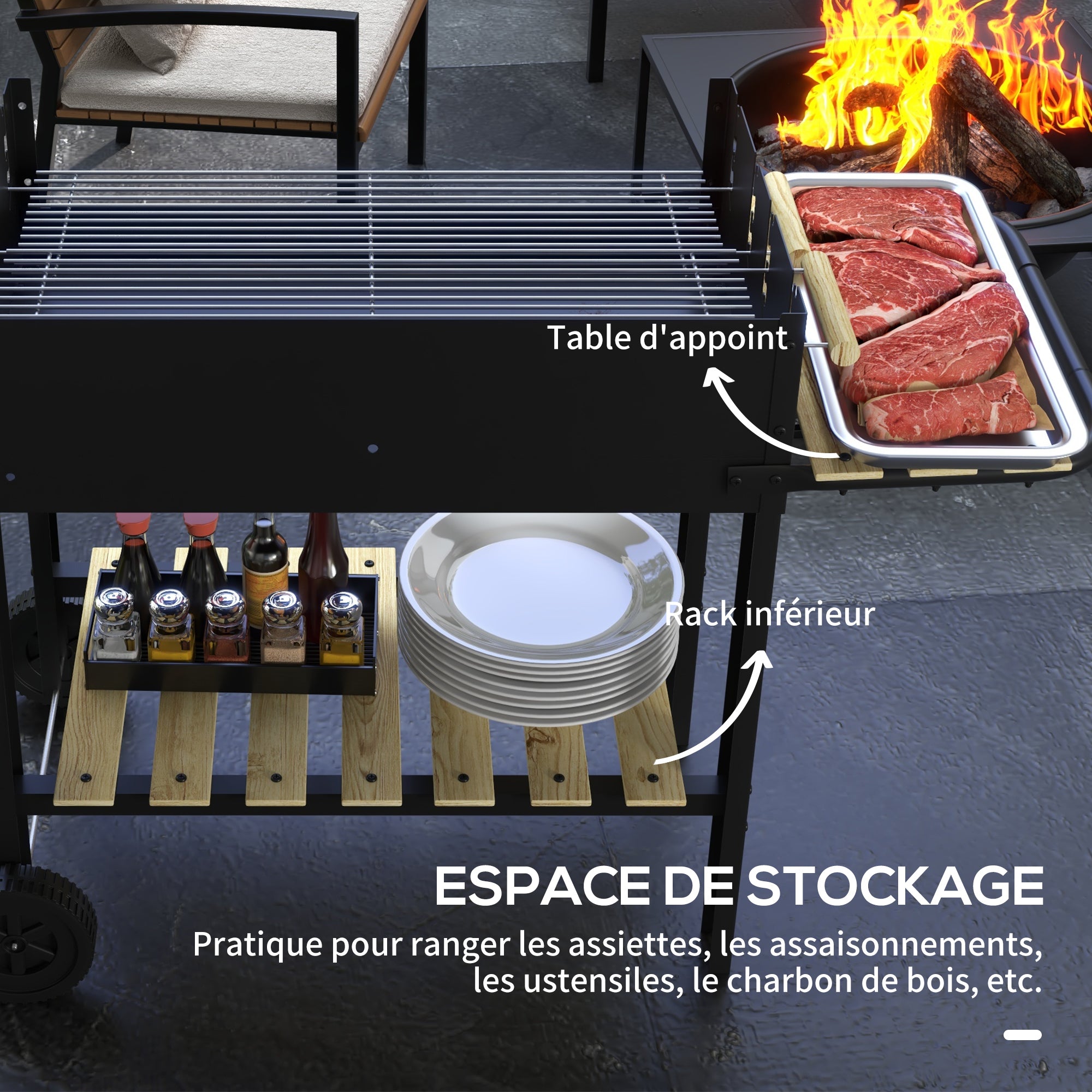 Charcoal BBQ Grill with Adjustable Double Grill, 2 Wheels, and 2 Shelves dim. 113L x 53.5W x 82.5H cm Black