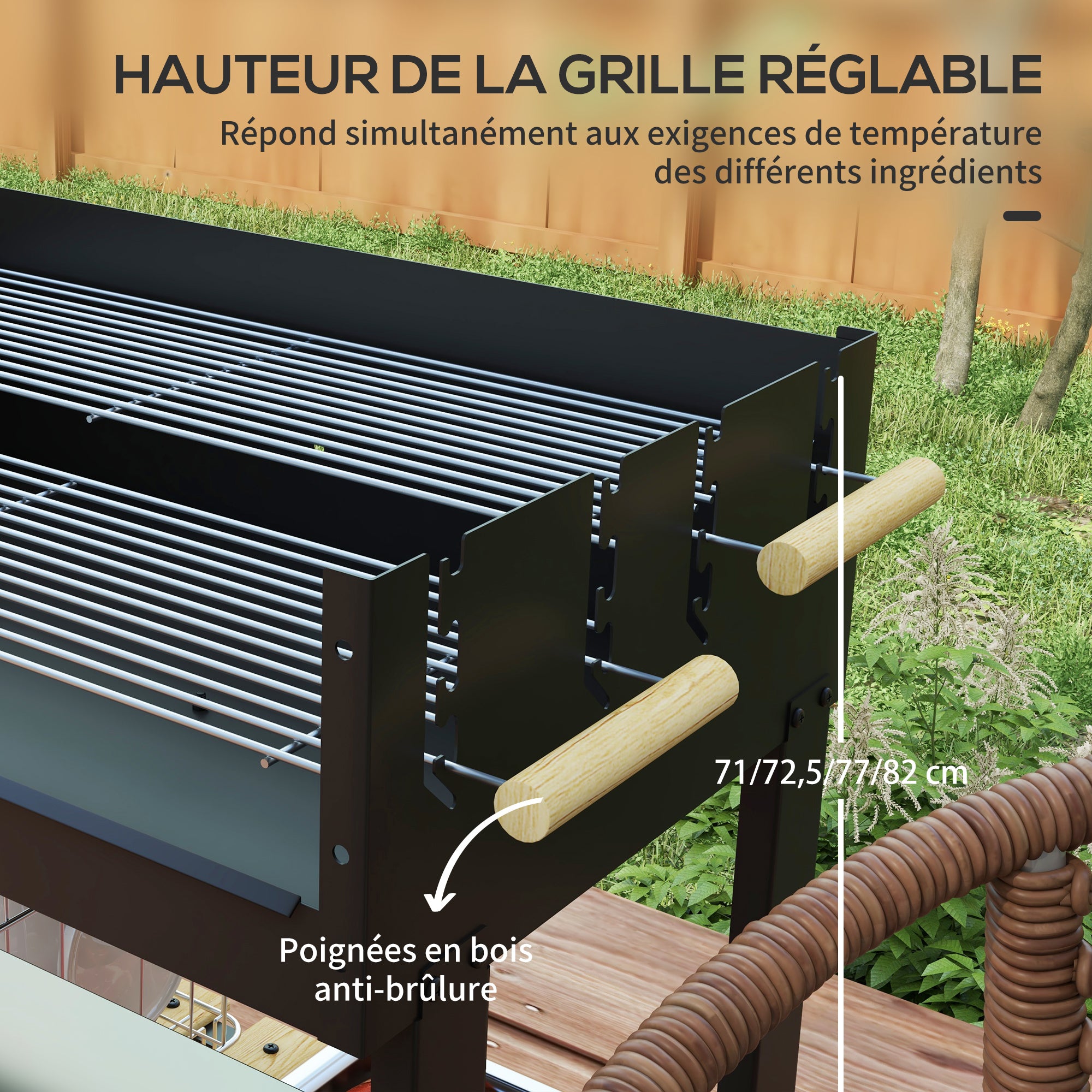 Charcoal BBQ Grill with Adjustable Double Grill, 2 Wheels, and 2 Shelves dim. 113L x 53.5W x 82.5H cm Black