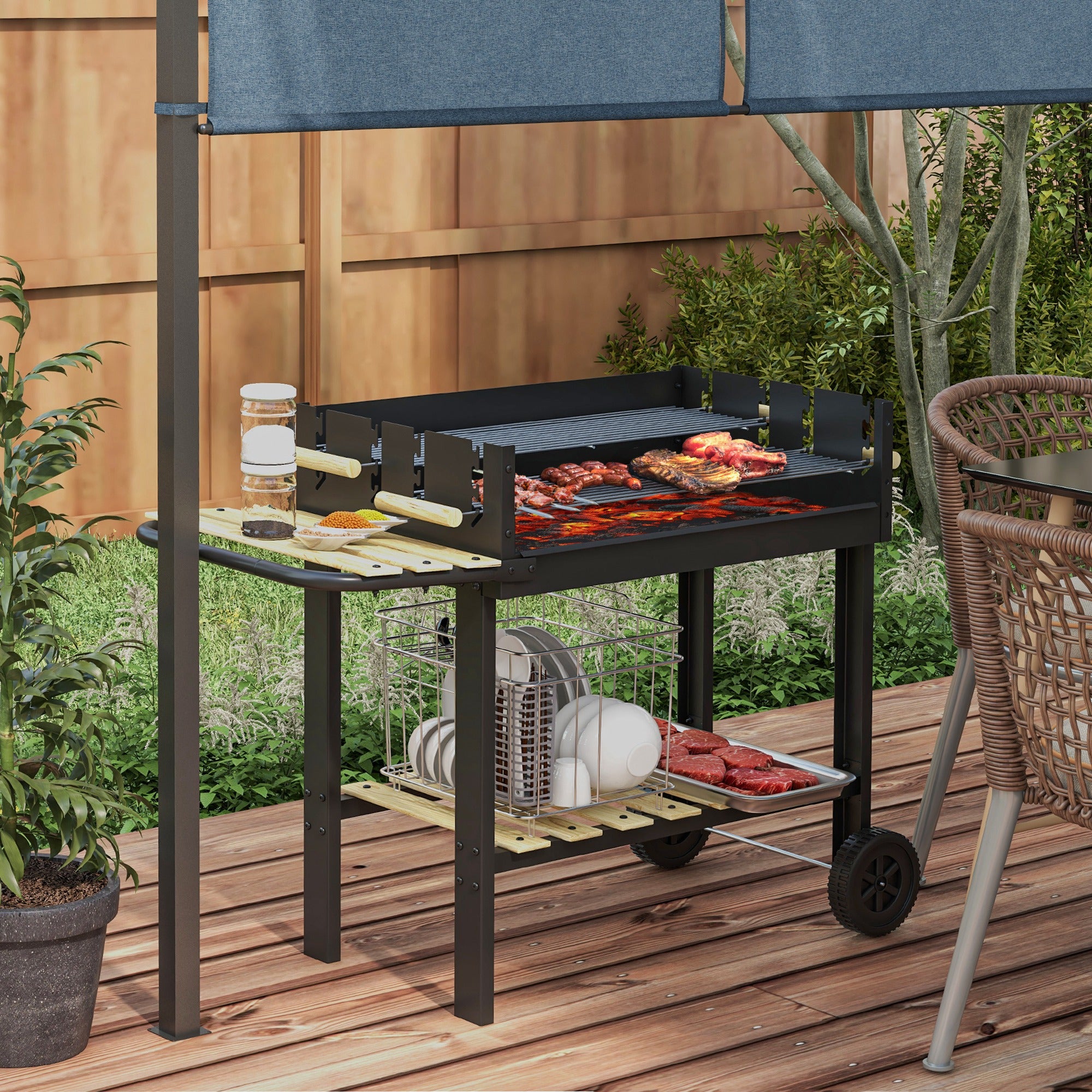 Charcoal BBQ Grill with Adjustable Double Grill, 2 Wheels, and 2 Shelves dim. 113L x 53.5W x 82.5H cm Black