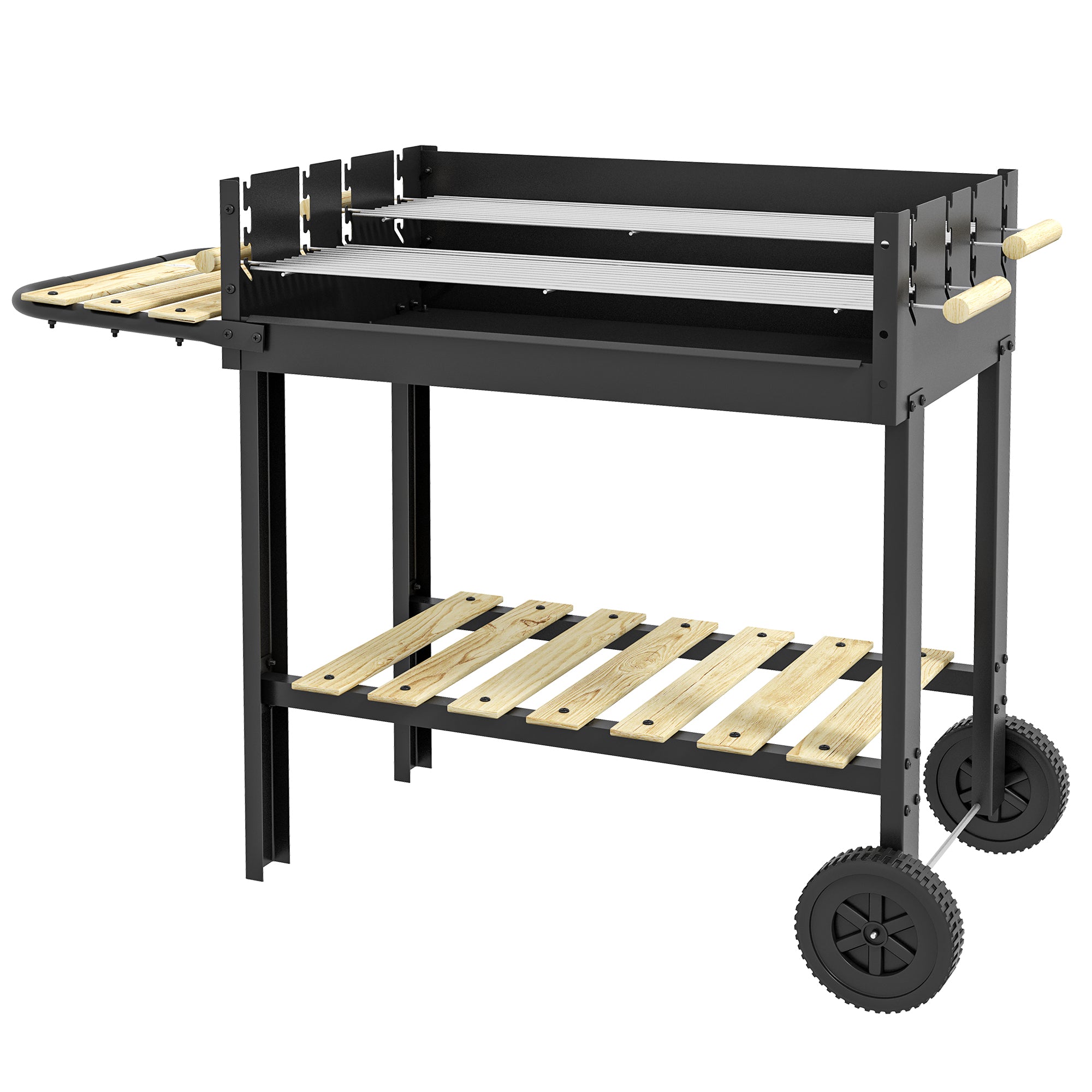 Charcoal BBQ Grill with Adjustable Double Grill, 2 Wheels, and 2 Shelves dim. 113L x 53.5W x 82.5H cm Black