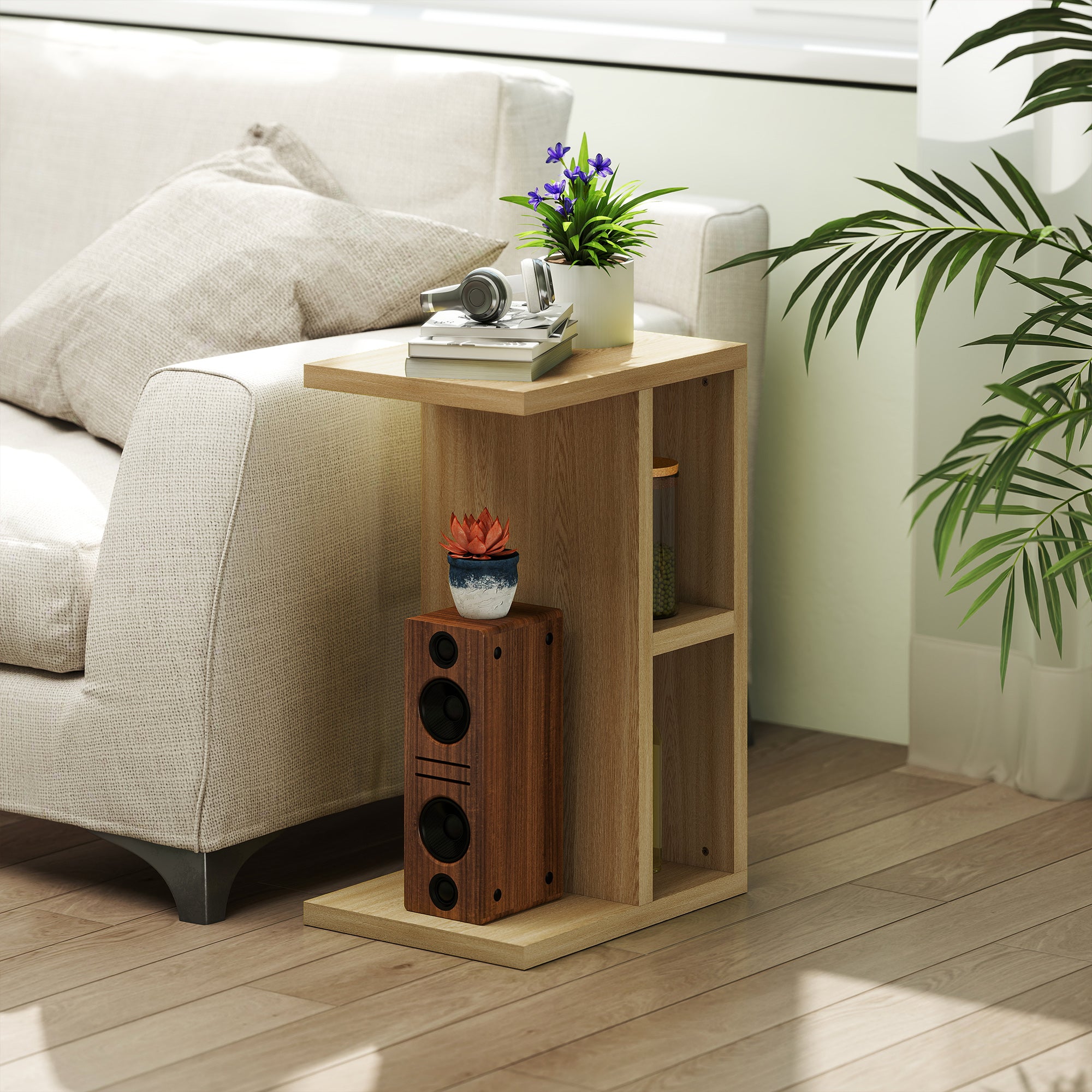 3-Tier Side Table, C Shaped End Table with 2 Open Compartments, Coffee Table for Living Room, Bedroom, 40 x 29.8 x 60 cm, Oak