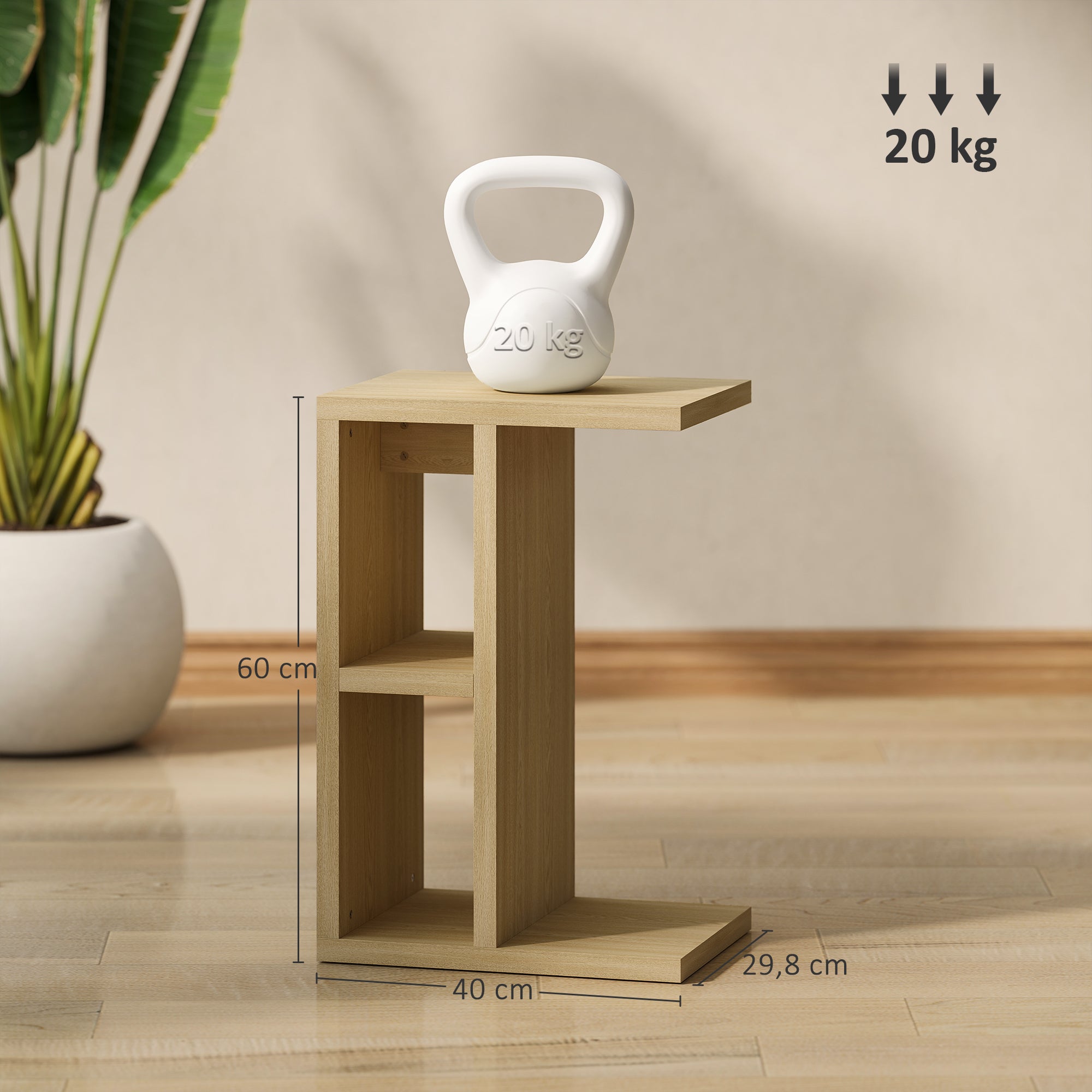 3-Tier Side Table, C Shaped End Table with 2 Open Compartments, Coffee Table for Living Room, Bedroom, 40 x 29.8 x 60 cm, Oak