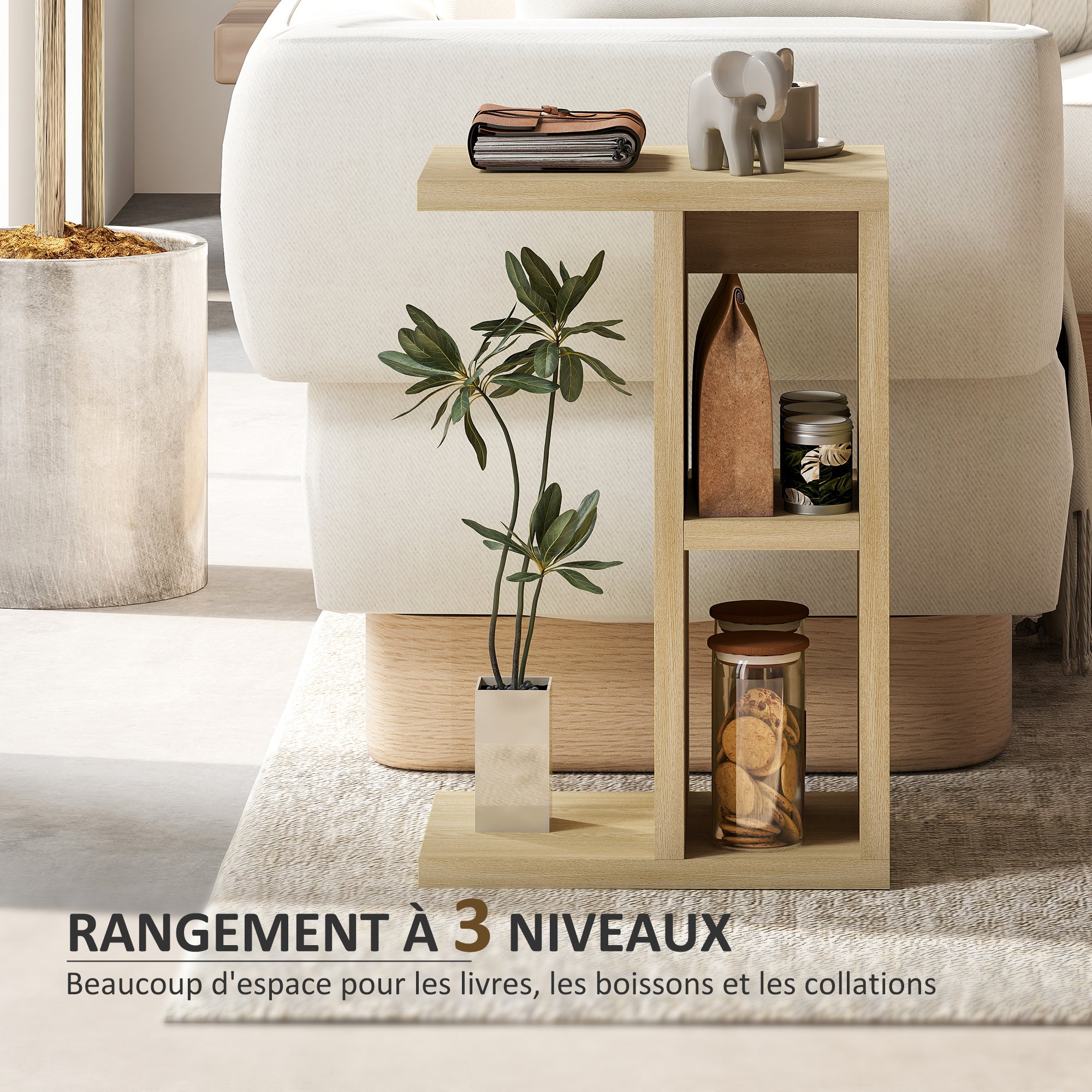 3-Tier Side Table, C Shaped End Table with 2 Open Compartments, Coffee Table for Living Room, Bedroom, 40 x 29.8 x 60 cm, Oak