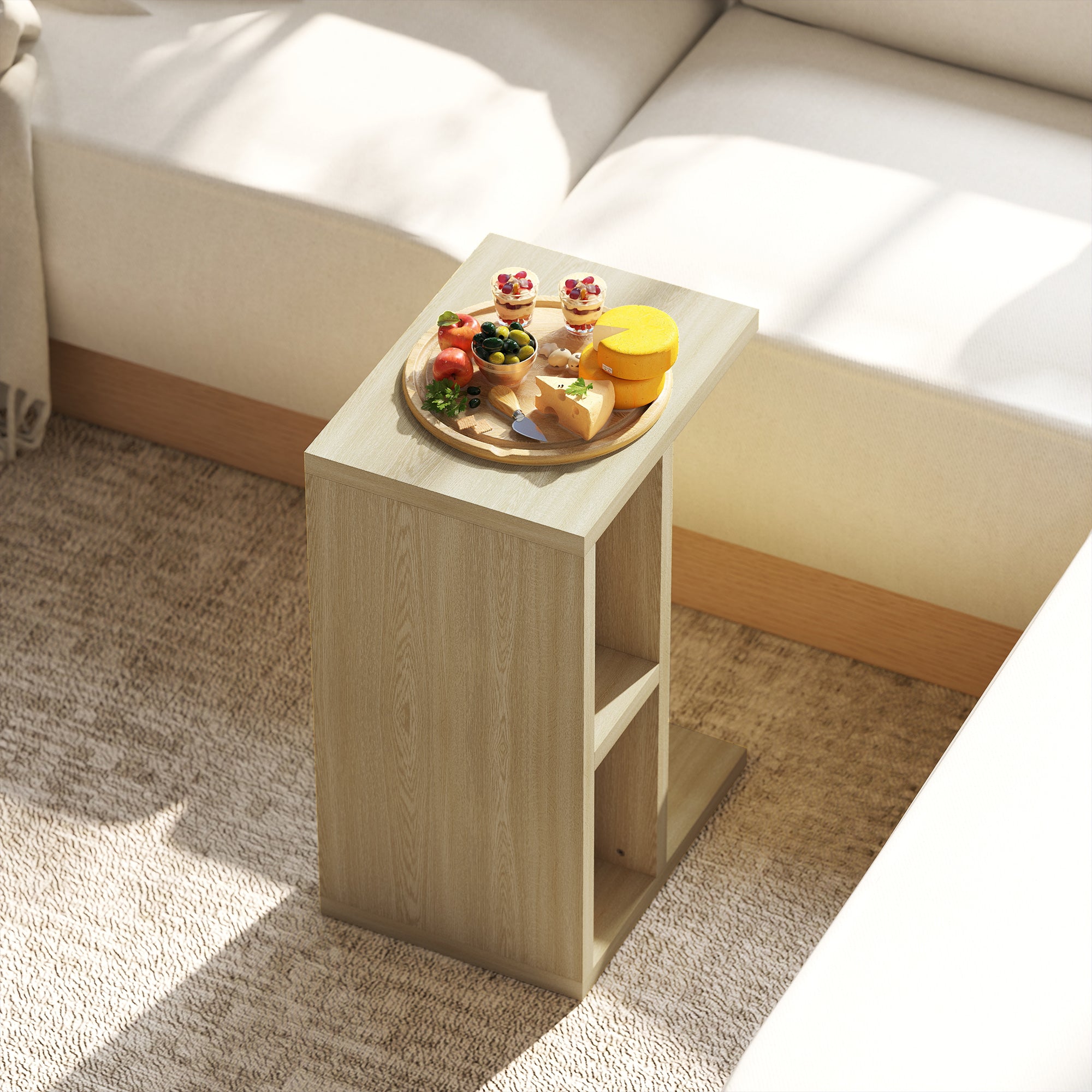 3-Tier Side Table, C Shaped End Table with 2 Open Compartments, Coffee Table for Living Room, Bedroom, 40 x 29.8 x 60 cm, Oak