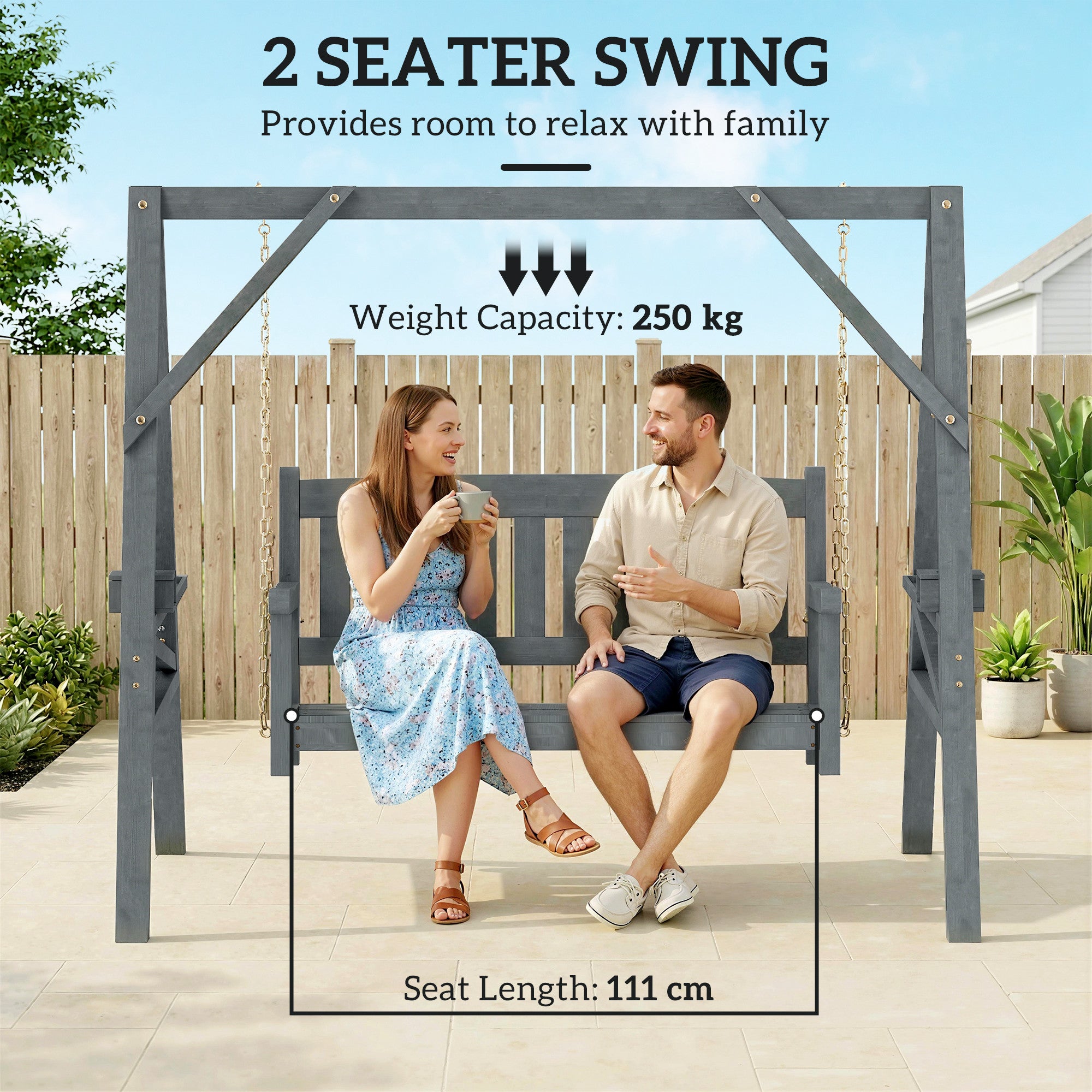 2-Seater Garden Swing — Wooden Bench with Side Tables, Cup Holders & Metal Chains, Gray