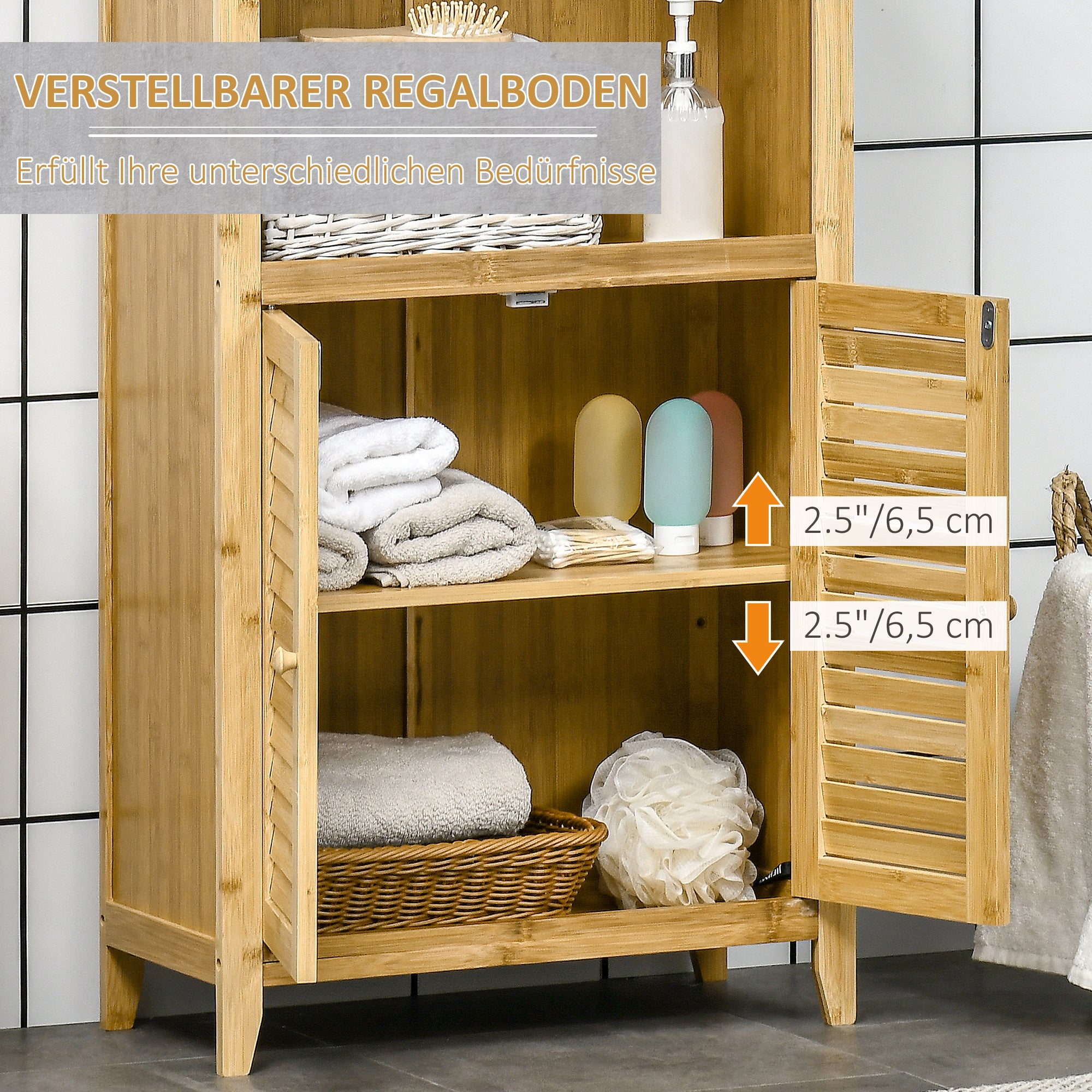 Bathroom Cabinet Storage Rack with 2 Louvered Doors, Open Shelf, Bamboo, Storage Cabinet for Bathroom, Living Room 50 x 25.5 x 92cm Natural