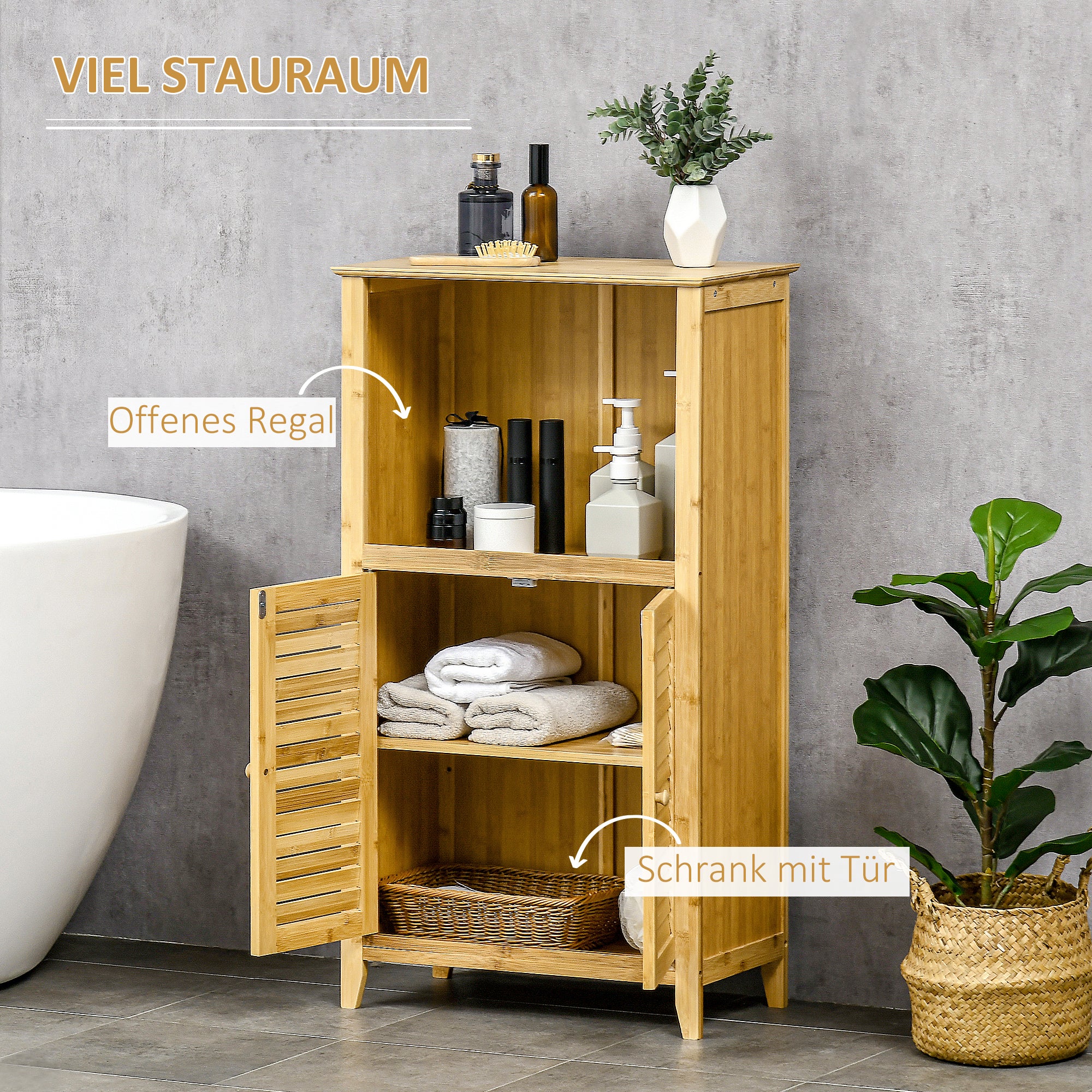 Bathroom Cabinet Storage Rack with 2 Louvered Doors, Open Shelf, Bamboo, Storage Cabinet for Bathroom, Living Room 50 x 25.5 x 92cm Natural