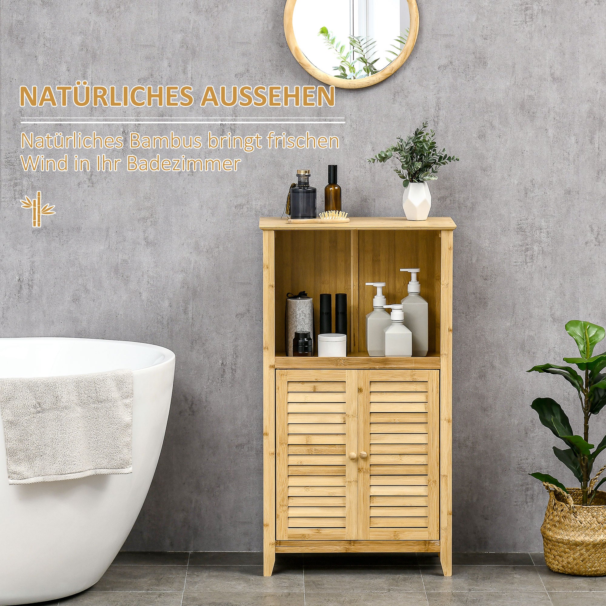 Bathroom Cabinet Storage Rack with 2 Louvered Doors, Open Shelf, Bamboo, Storage Cabinet for Bathroom, Living Room 50 x 25.5 x 92cm Natural