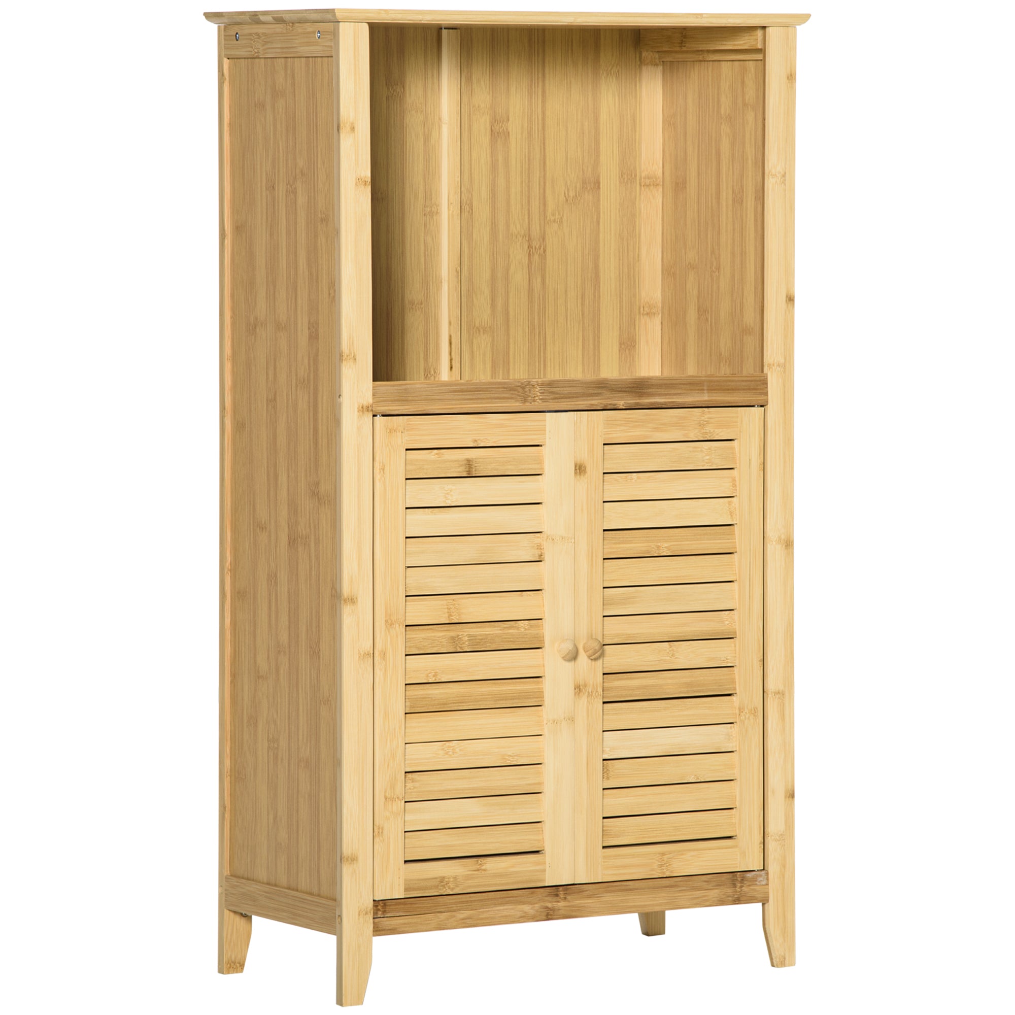 Bathroom Cabinet Storage Rack with 2 Louvered Doors, Open Shelf, Bamboo, Storage Cabinet for Bathroom, Living Room 50 x 25.5 x 92cm Natural