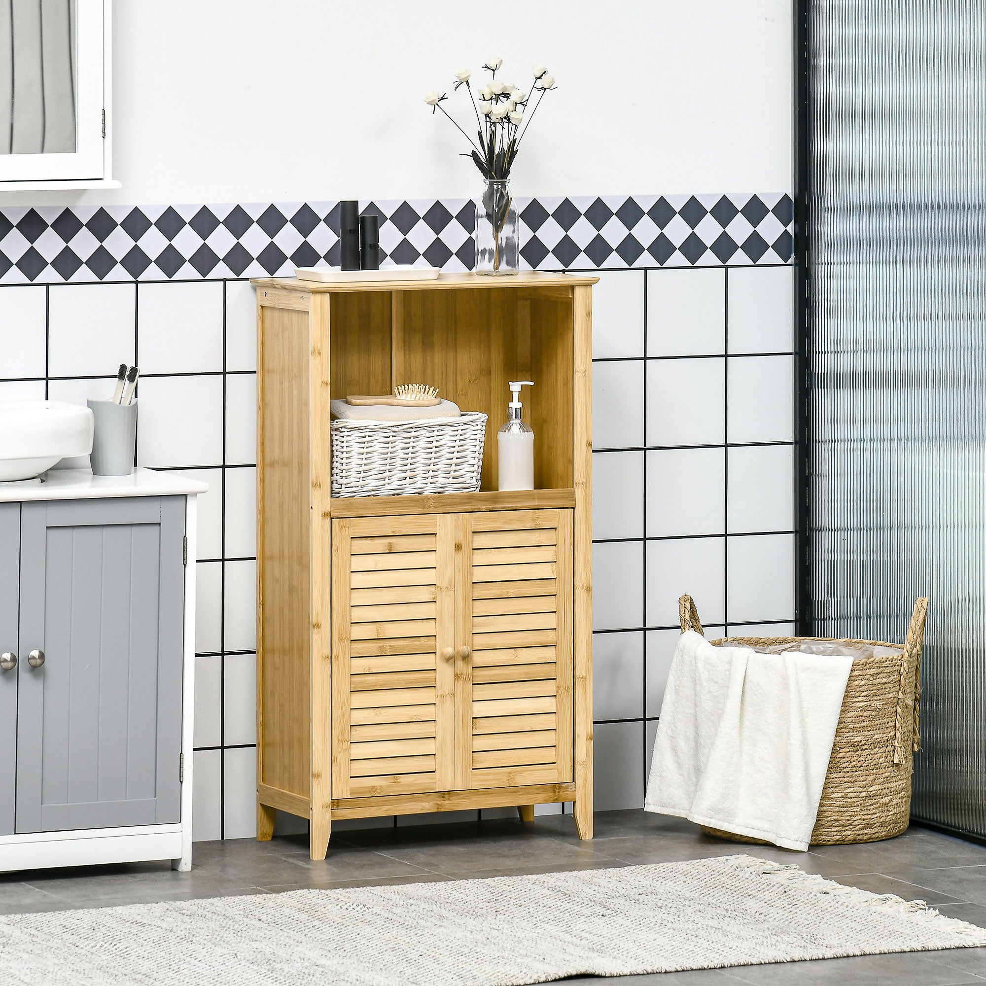 Bathroom Cabinet Storage Rack with 2 Louvered Doors, Open Shelf, Bamboo, Storage Cabinet for Bathroom, Living Room 50 x 25.5 x 92cm Natural