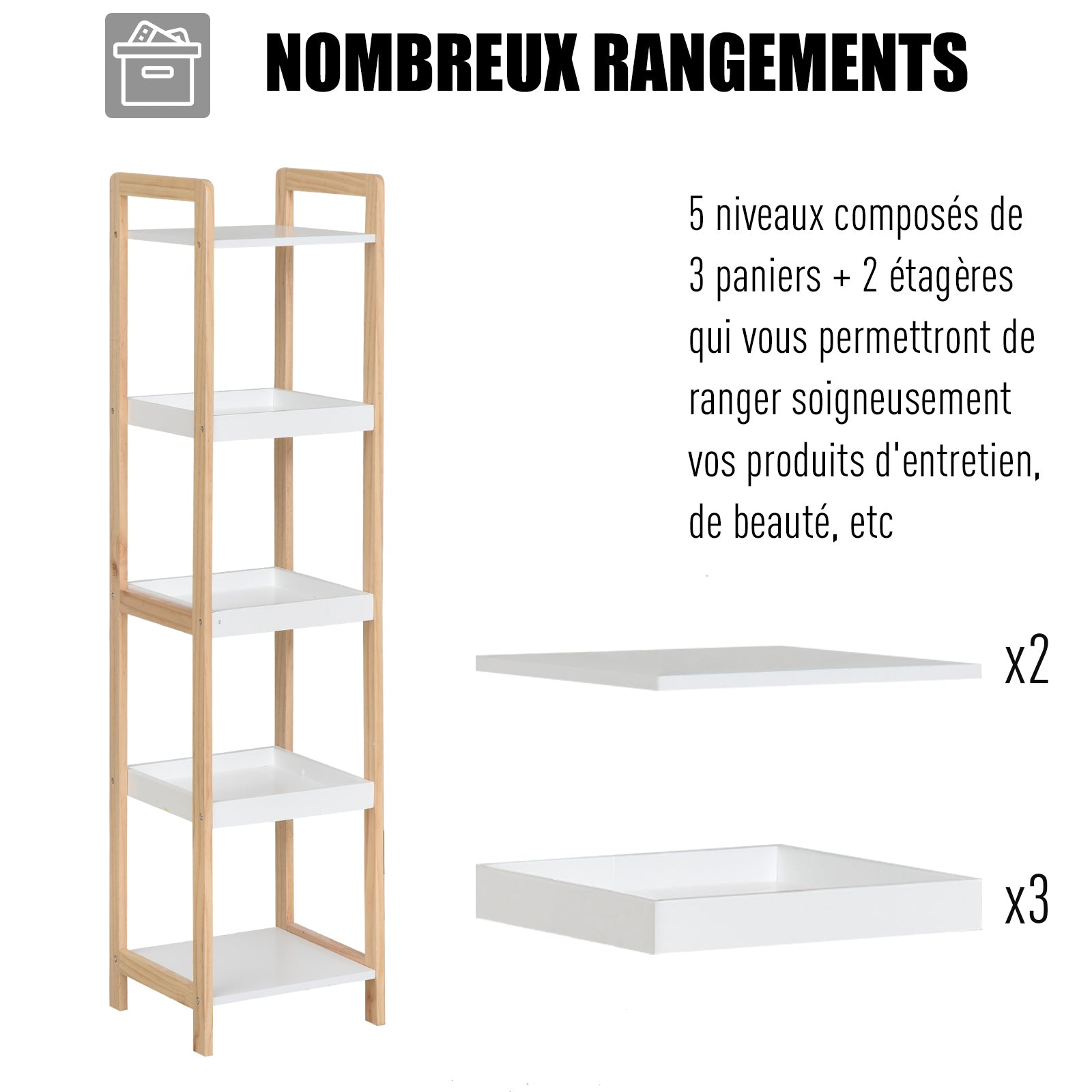Bamboo Bathroom Shelf Stand 3 Baskets + 2 Shelves dim. 32L x 30w x 130H cm Beige White