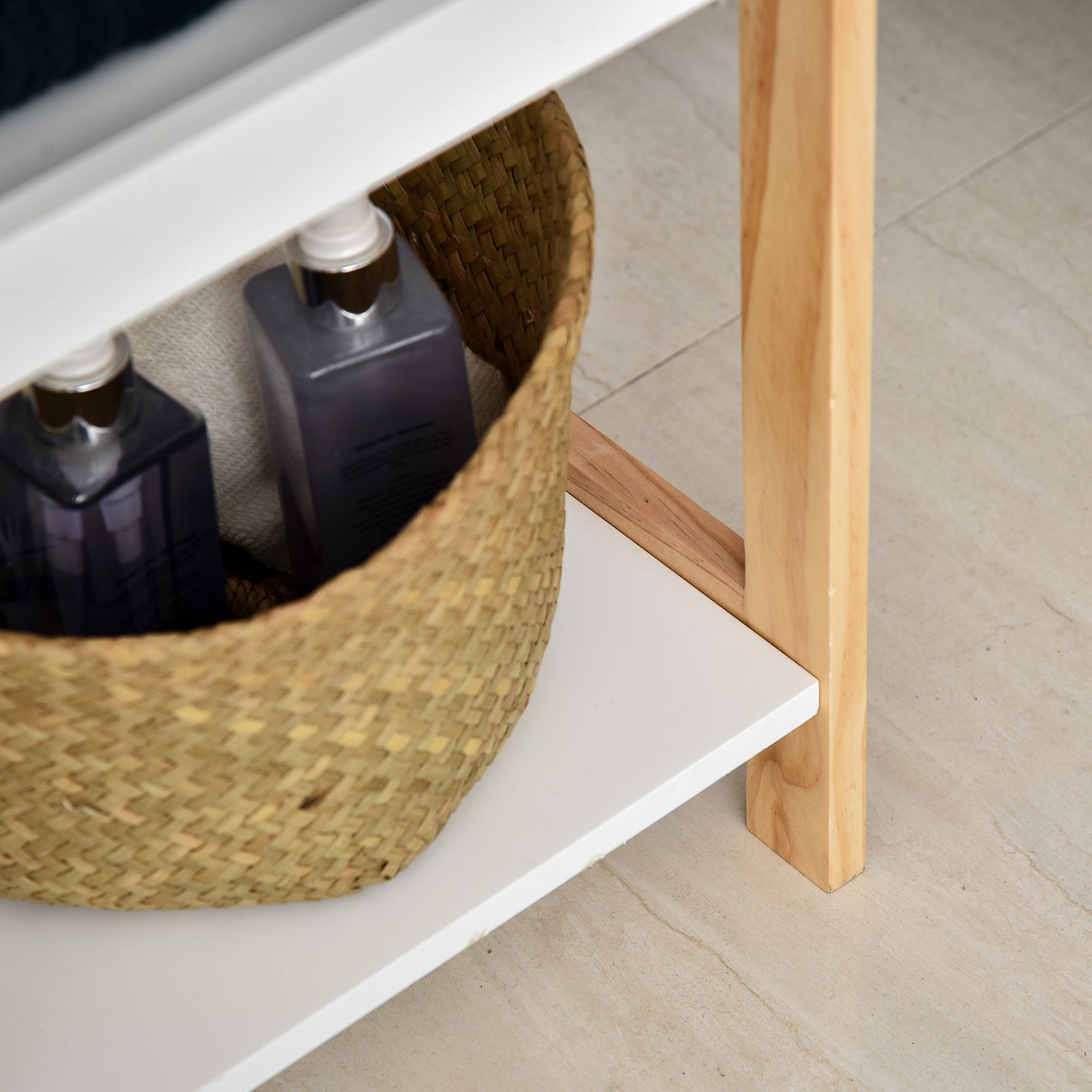 Bamboo Bathroom Shelf Stand 3 Baskets + 2 Shelves dim. 32L x 30w x 130H cm Beige White