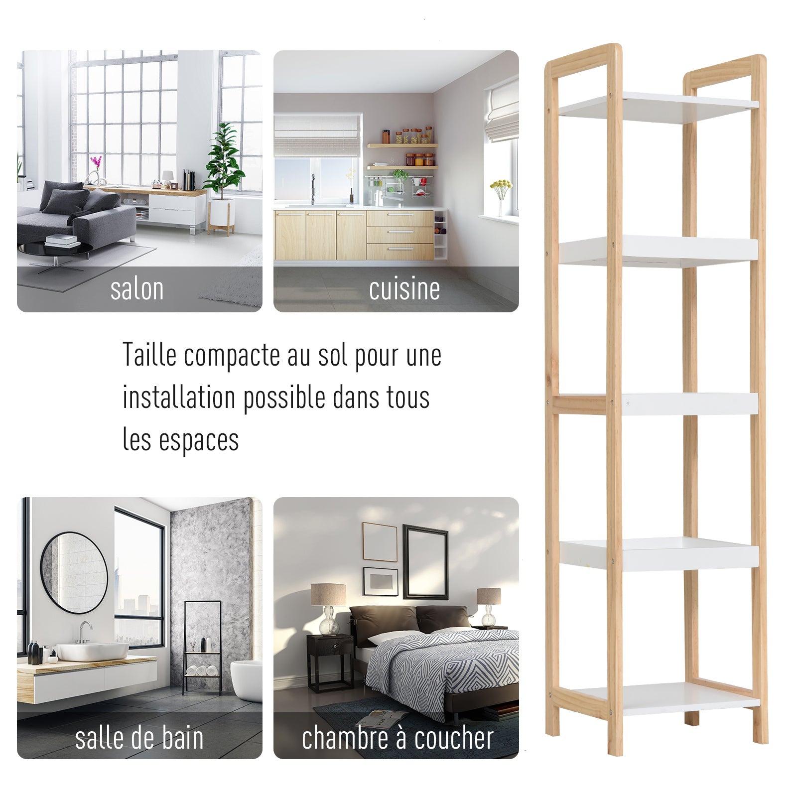 Bamboo Bathroom Shelf Stand 3 Baskets + 2 Shelves dim. 32L x 30w x 130H cm Beige White