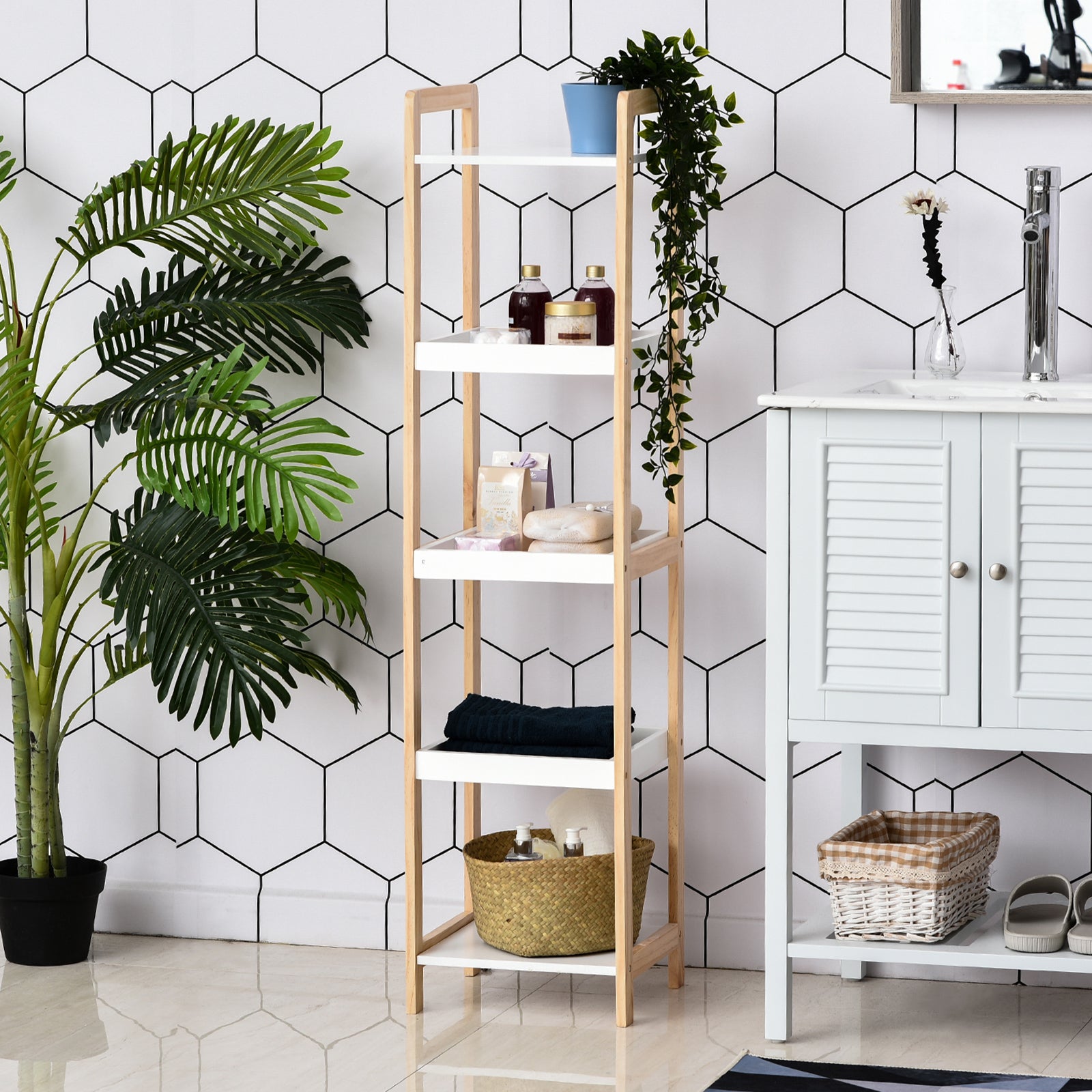 Bamboo Bathroom Shelf Stand 3 Baskets + 2 Shelves dim. 32L x 30w x 130H cm Beige White