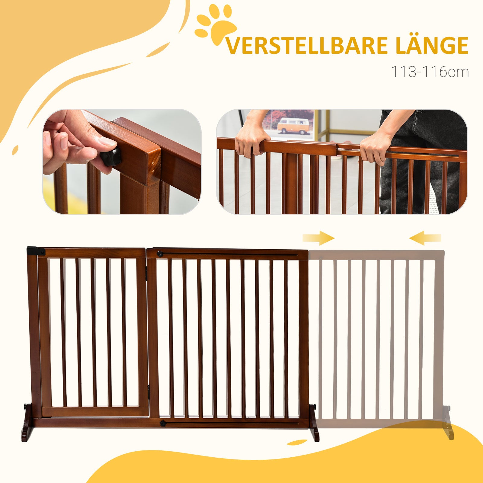 Dog Barrier Door Guard Protection Gate made of Wood Freestanding Dog Gate with Door Dog Barrier Configuration Gate for Fireplace & Oven Brown 113-166 x 36 x 71 cm