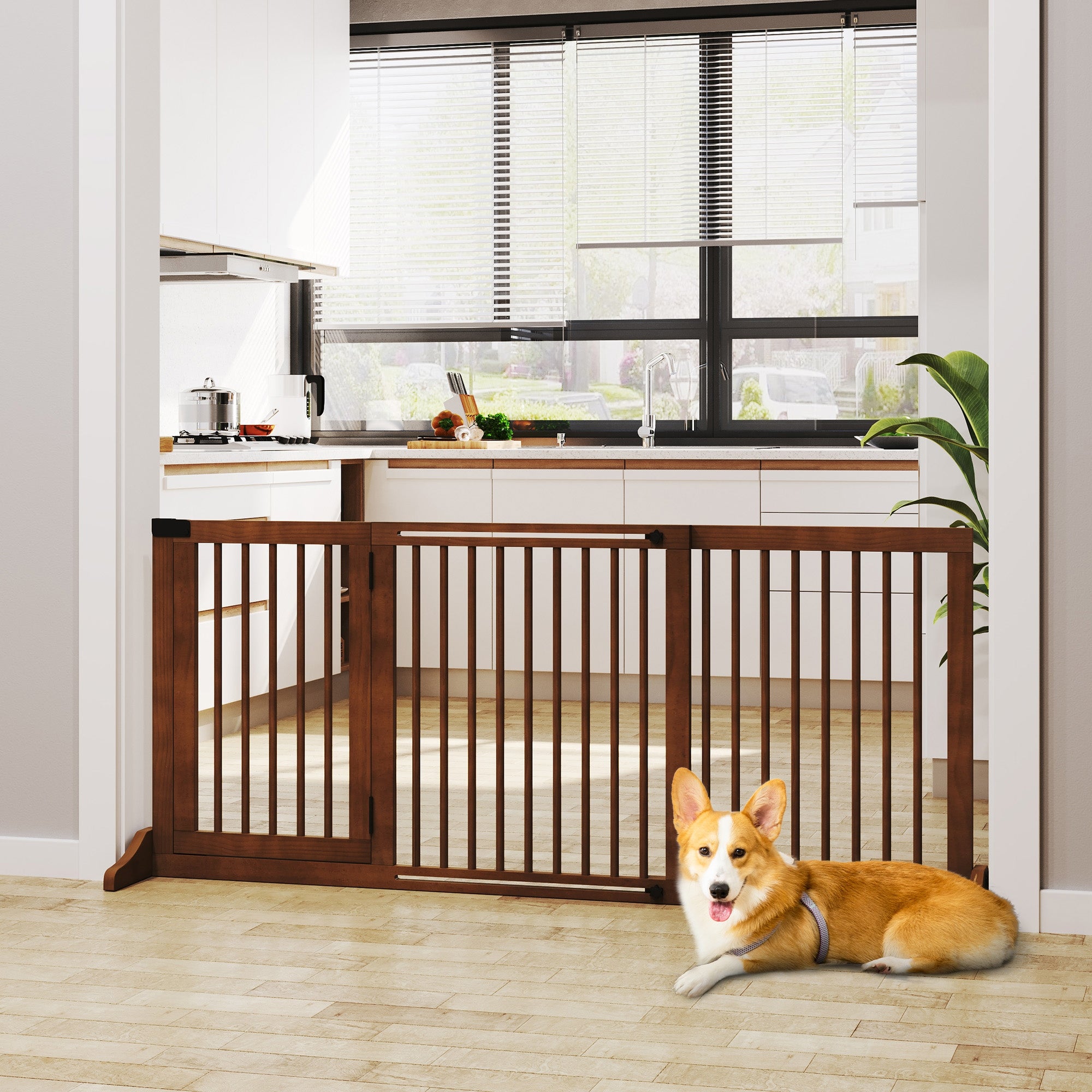 Dog Barrier Door Guard Protection Gate made of Wood Freestanding Dog Gate with Door Dog Barrier Configuration Gate for Fireplace & Oven Brown 113-166 x 36 x 71 cm