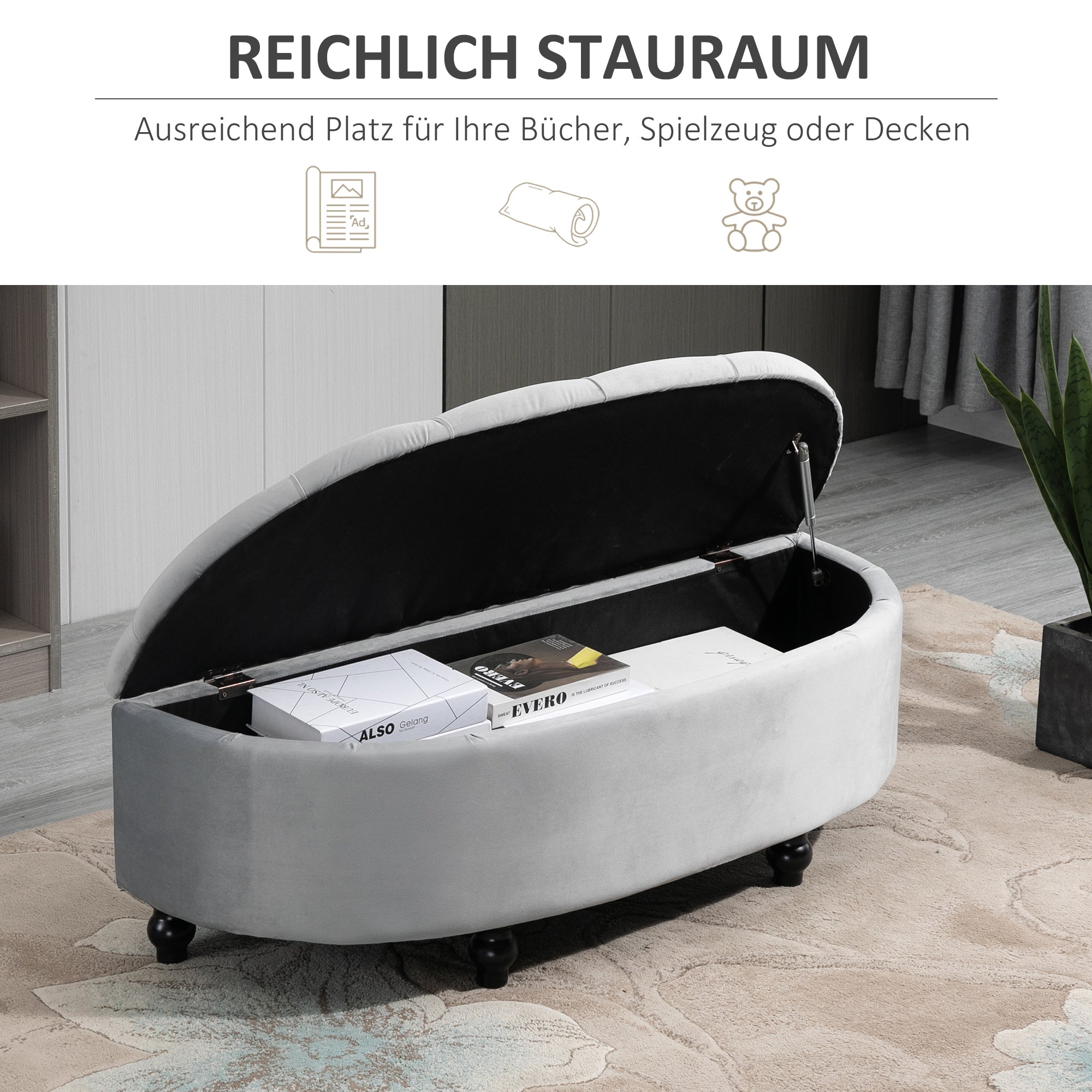 Storage Bench with Velvet Upholstery, Open Lid Seat Chest with Wooden Legs, Storage Bench for Living Room Hallway Bedroom 120 x 46 x 42 cm, Grey