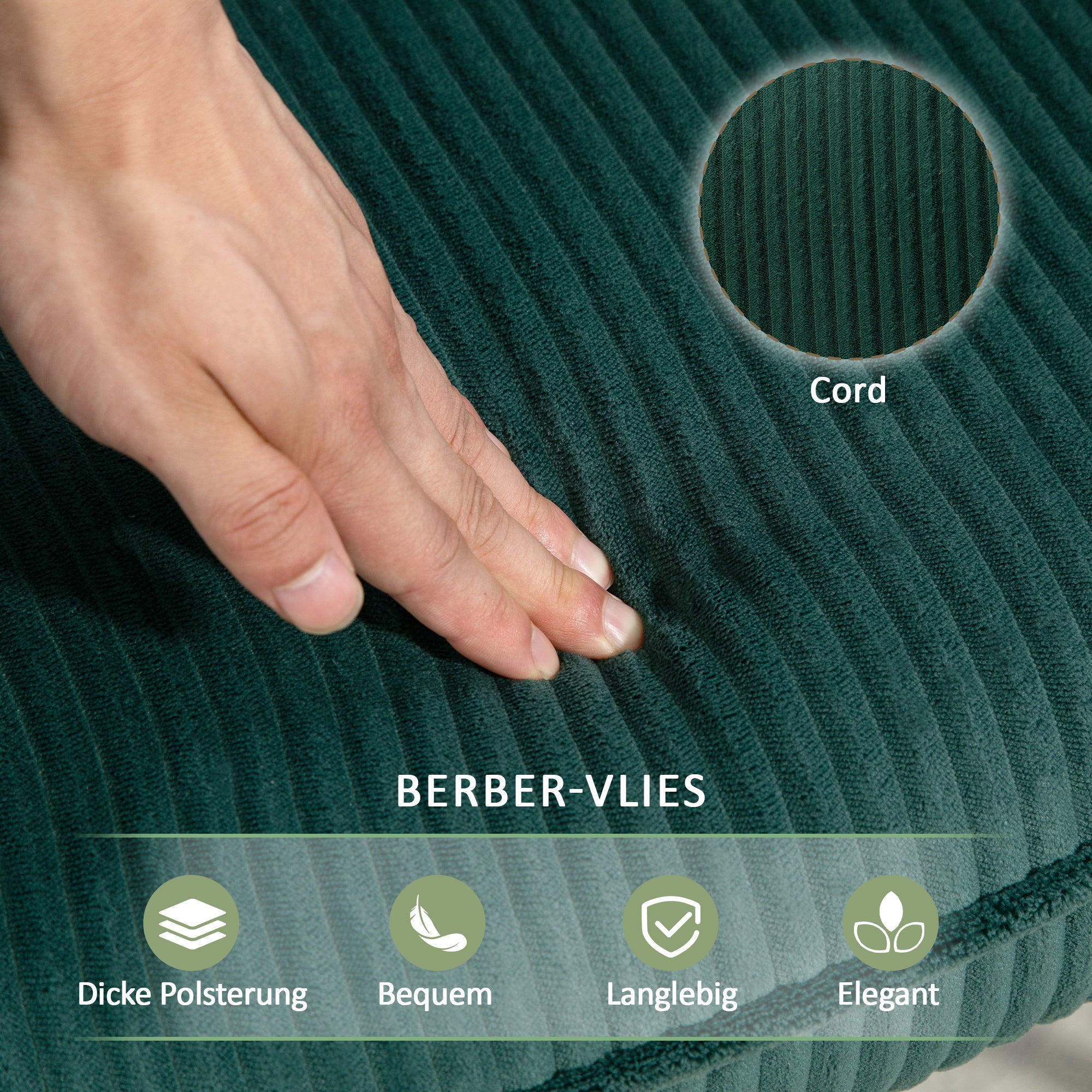 Schaukelstuhl, Schaukelsessel mit Kordoptik, Armlehne, Gepolsterter Sessel mit Holzkufen, Relaxsessel für Wohnzimmer, Schlafzimmer, bis 120kg belastbar, Dunkelgrün