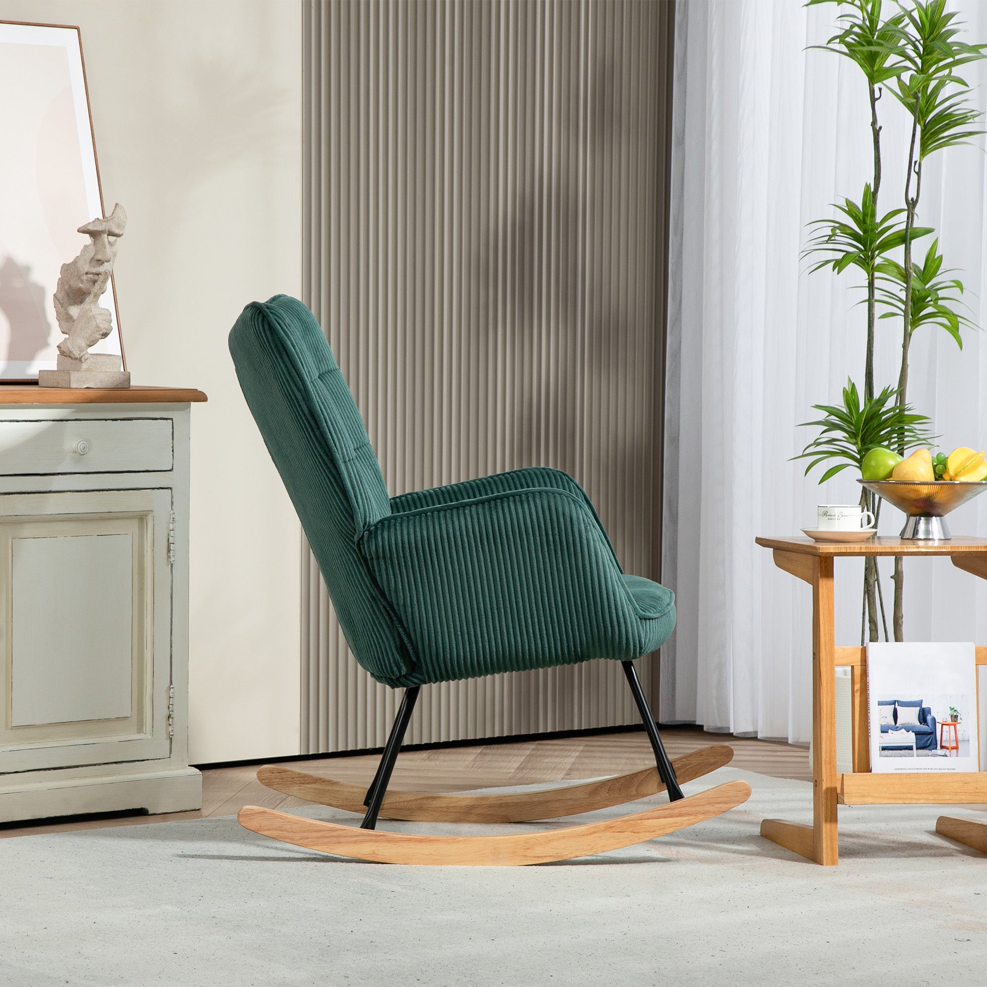 Schaukelstuhl, Schaukelsessel mit Kordoptik, Armlehne, Gepolsterter Sessel mit Holzkufen, Relaxsessel für Wohnzimmer, Schlafzimmer, bis 120kg belastbar, Dunkelgrün