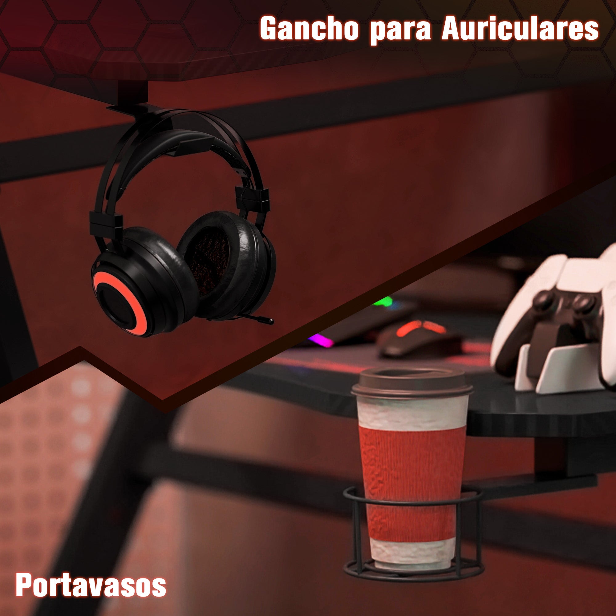 Gaming Desk 120x65x74.5 cm Ergonomic Gaming Desk for PC Computer with Cup Holder Headphone Hook and Adjustable Feet Carbon Fiber Effect Black