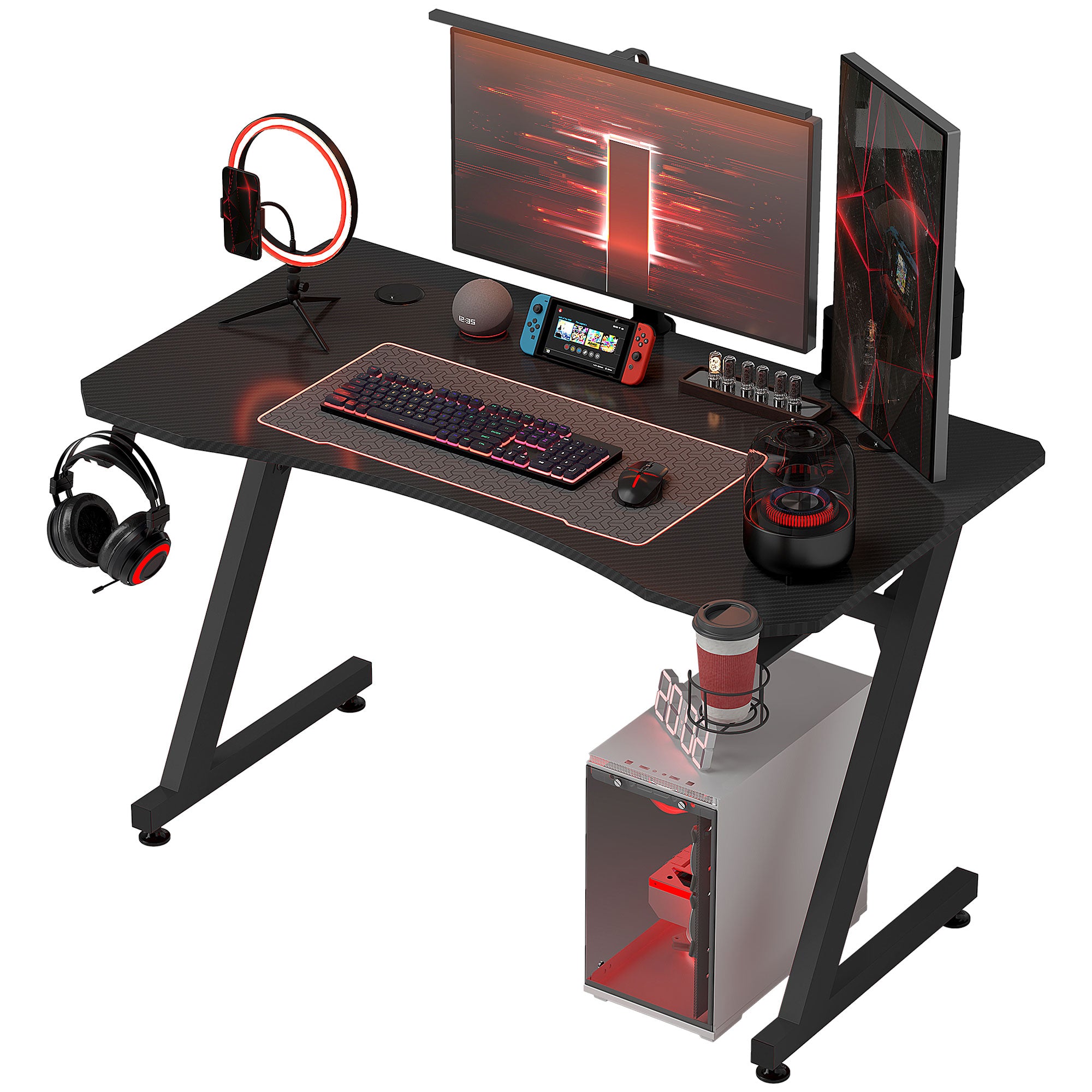 Gaming Desk 120x65x74.5 cm Ergonomic Gaming Desk for PC Computer with Cup Holder Headphone Hook and Adjustable Feet Carbon Fiber Effect Black