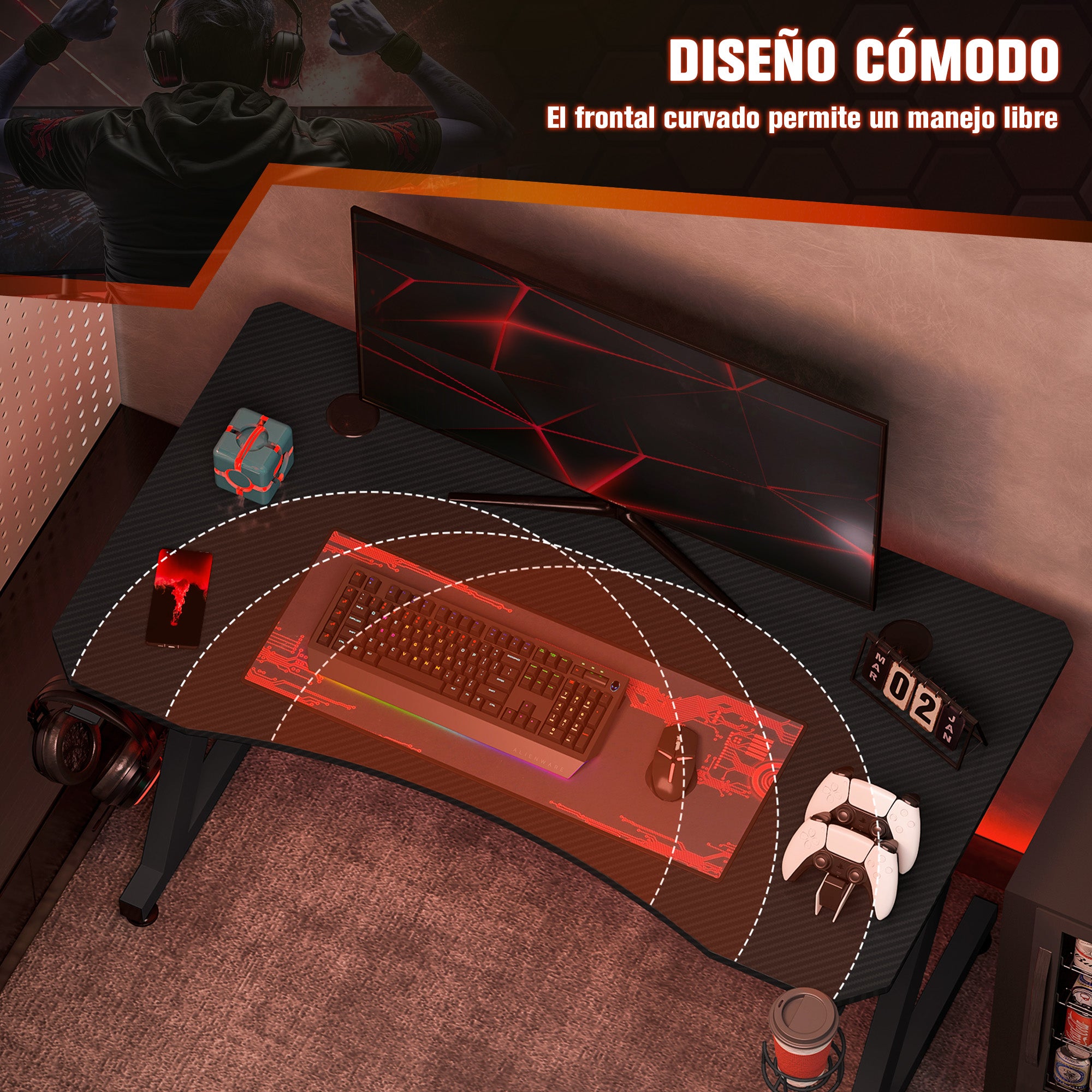 Gaming Desk 120x65x74.5 cm Ergonomic Gaming Desk for PC Computer with Cup Holder Headphone Hook and Adjustable Feet Carbon Fiber Effect Black