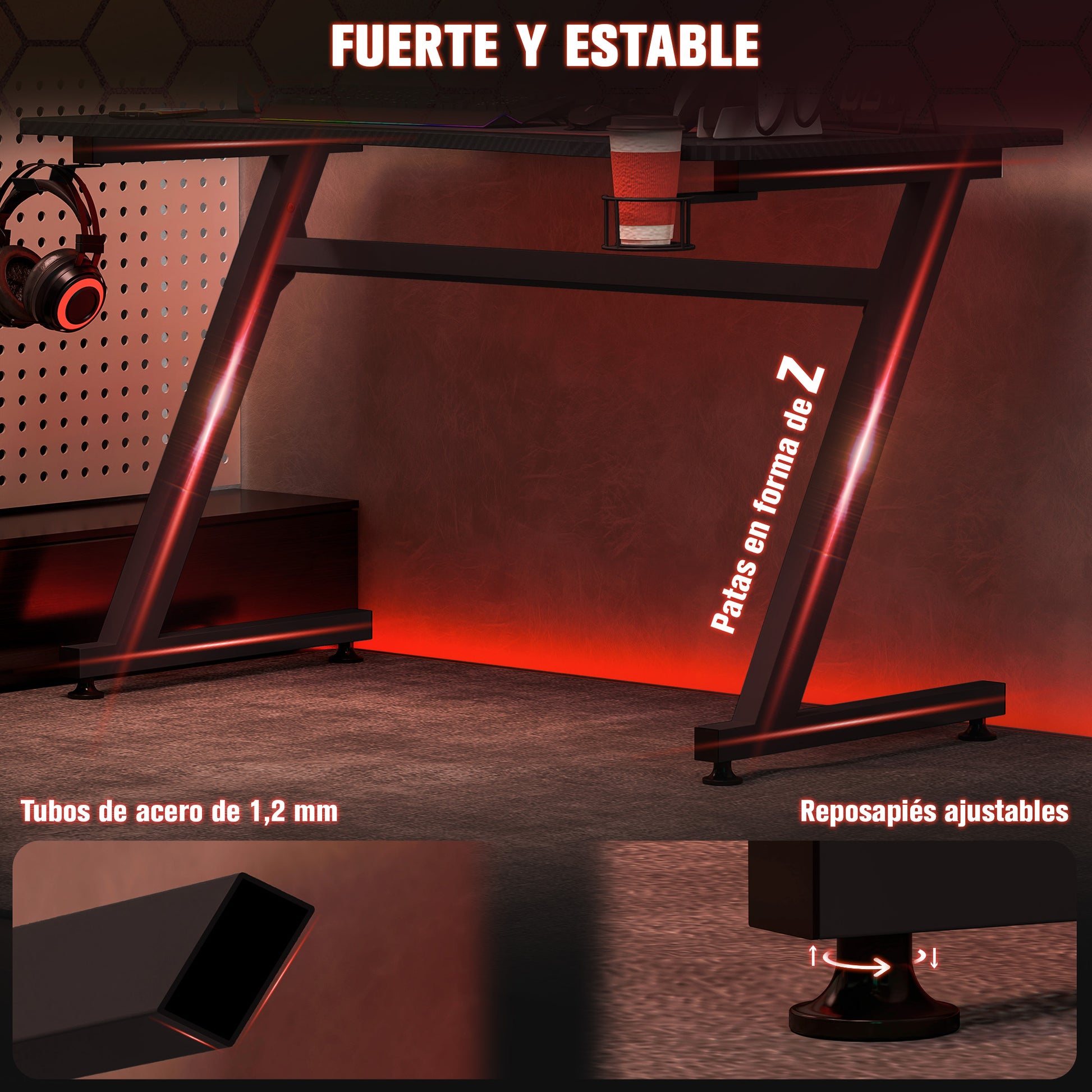 Gaming Desk 120x65x74.5 cm Ergonomic Gaming Desk for PC Computer with Cup Holder Headphone Hook and Adjustable Feet Carbon Fiber Effect Black
