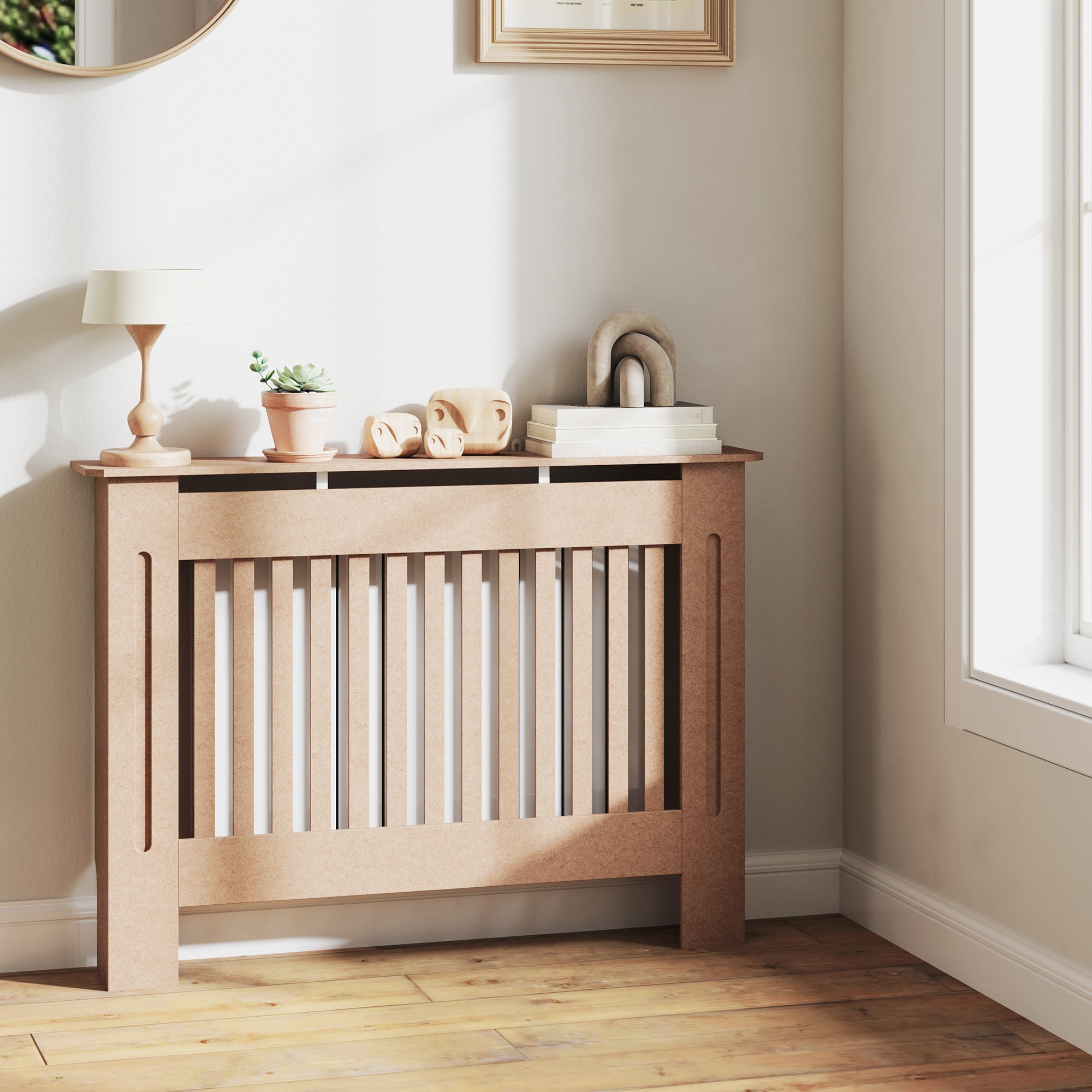 Radiator Cover Modern MDF Radiator Cabinet for Living Room Bedroom 112x19x81cm Natural Wood