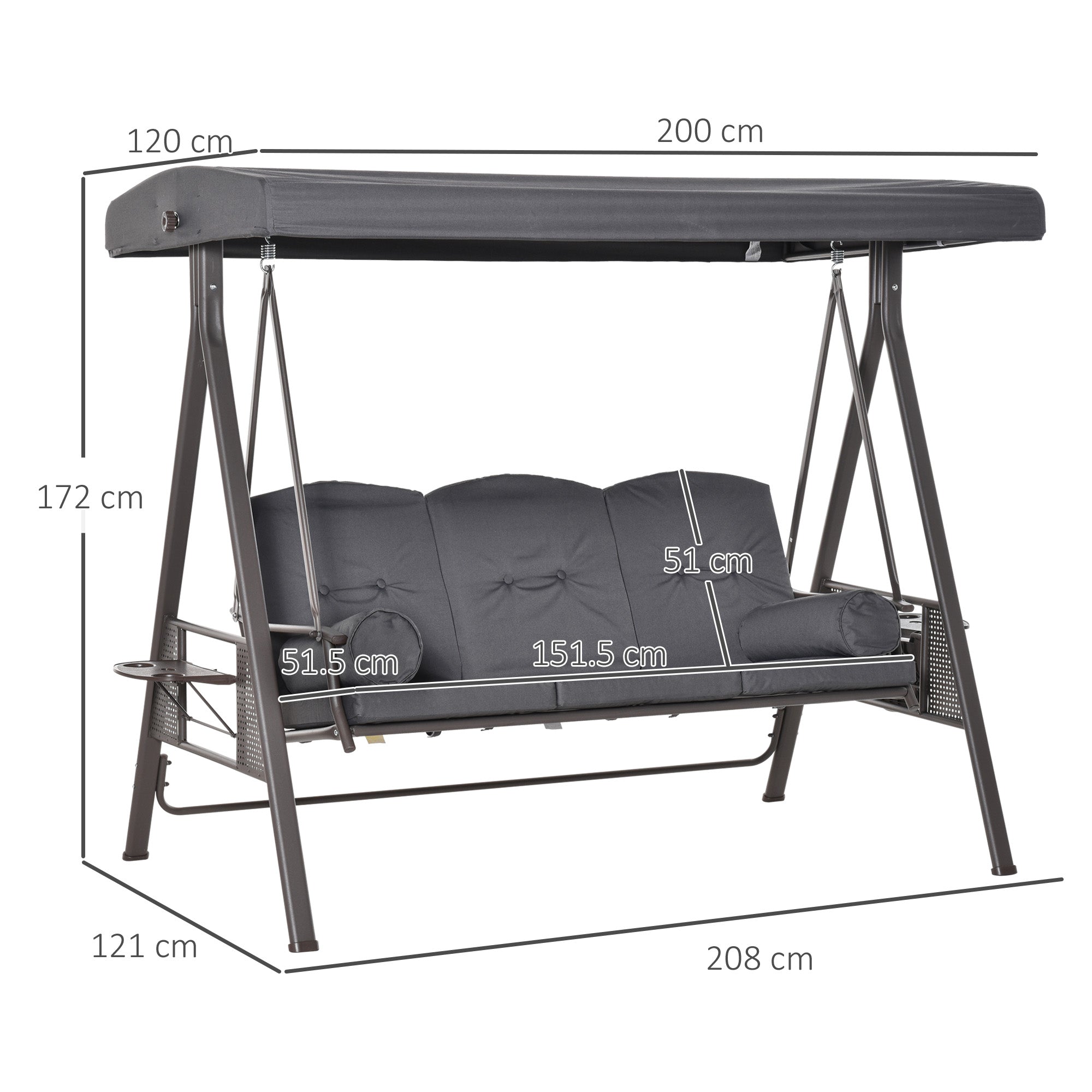 3-Seater Garden Swing with Adjustable Roof, Cup Holders, and Cushions, Outdoor Swing in Metal and Polyester, 208x121x172 cm, Dark Grey