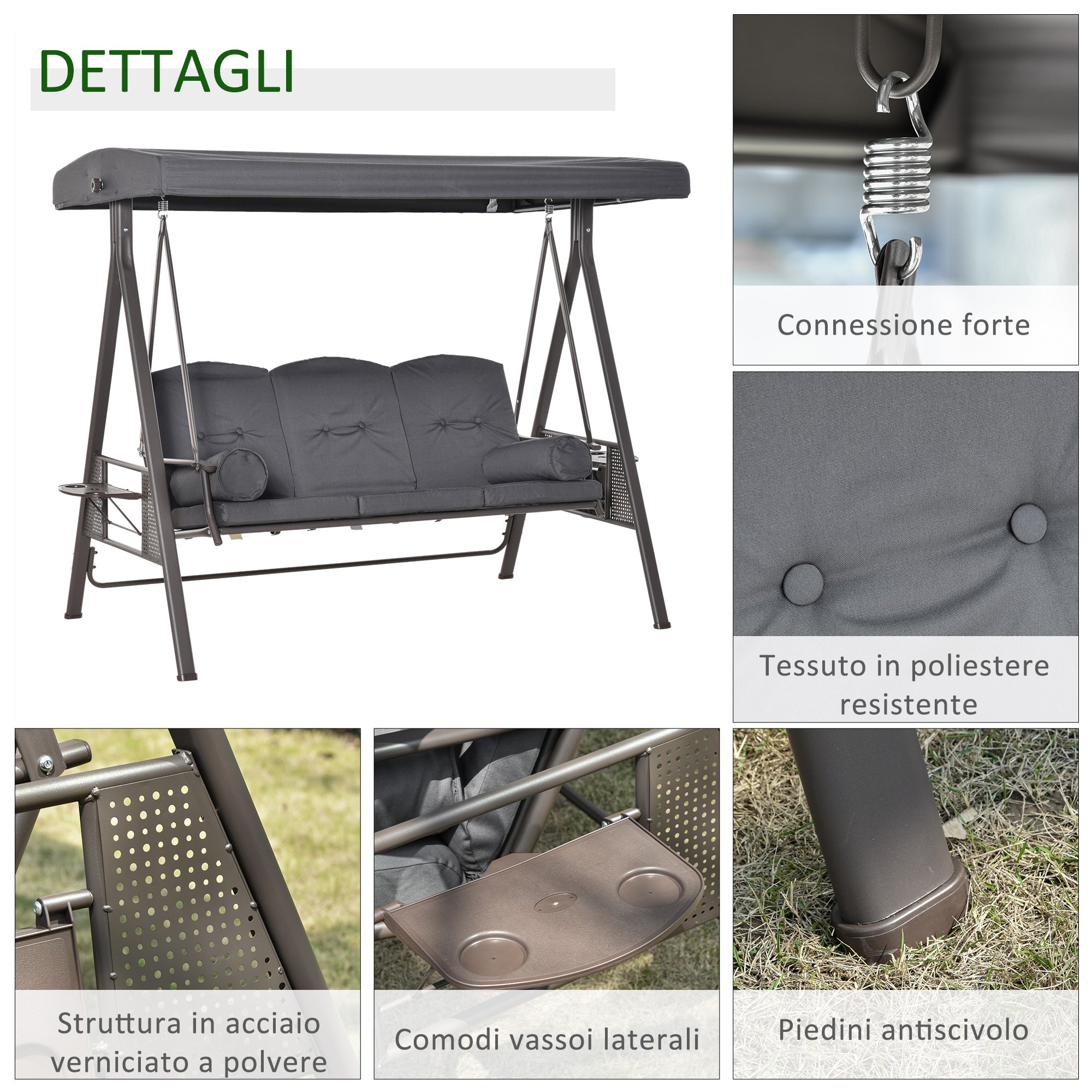 3-Seater Garden Swing with Adjustable Roof, Cup Holders, and Cushions, Outdoor Swing in Metal and Polyester, 208x121x172 cm, Dark Grey