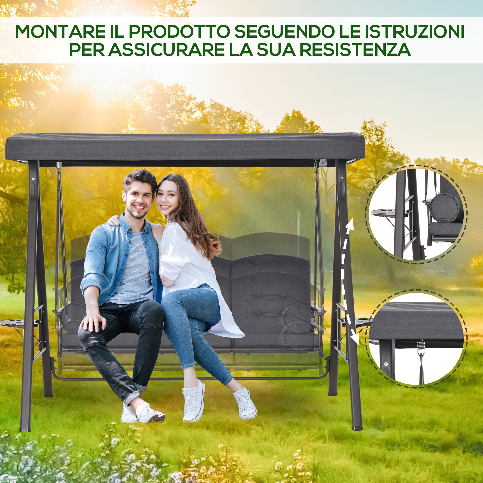 3-Seater Garden Swing with Adjustable Roof, Cup Holders, and Cushions, Outdoor Swing in Metal and Polyester, 208x121x172 cm, Dark Grey