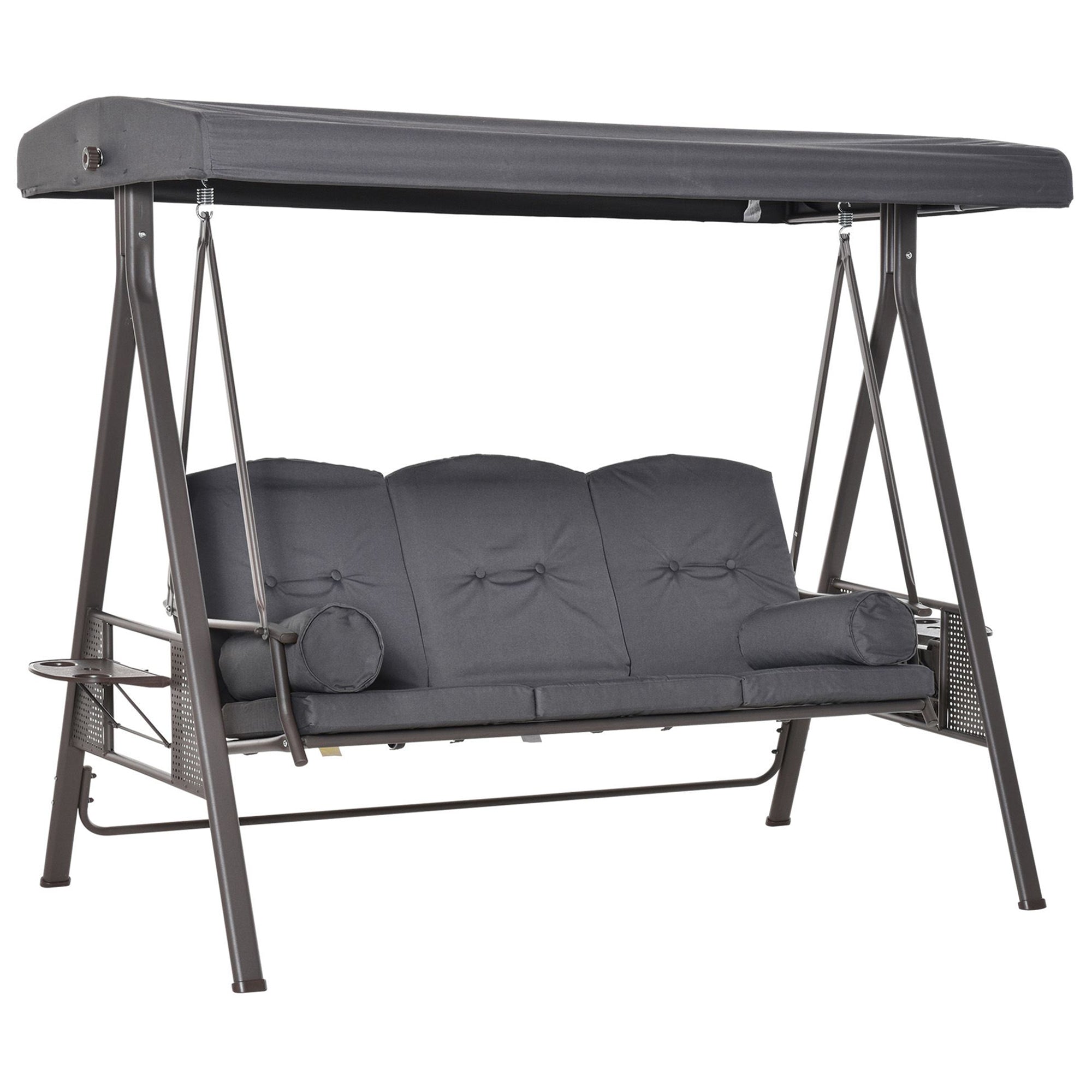 3-Seater Garden Swing with Adjustable Roof, Cup Holders, and Cushions, Outdoor Swing in Metal and Polyester, 208x121x172 cm, Dark Grey