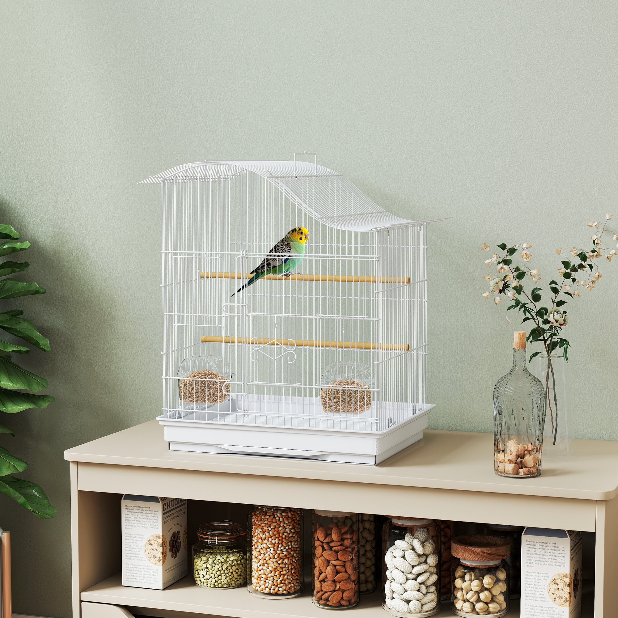 Bird Cage Aviary with 4 Doors, 2 Perches, Sliding Tray for Lovebirds, Parakeets & Finches — 18.7 x 14.2 x 21.5 in (47.5 x 36 x 54.5 cm), White