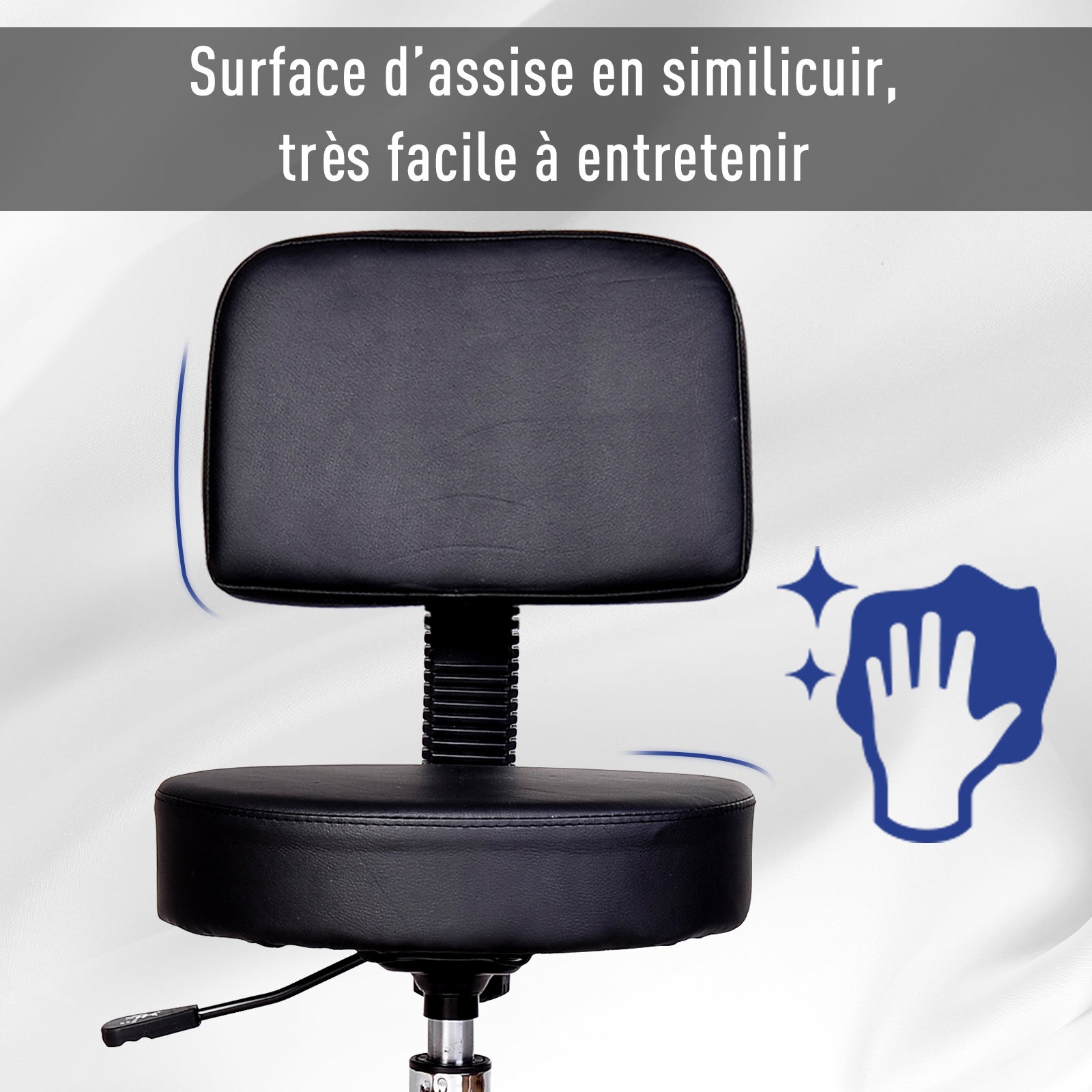 Black Height Adjustable Swivel Massage Stool with Ergonomic Backrest and Casters