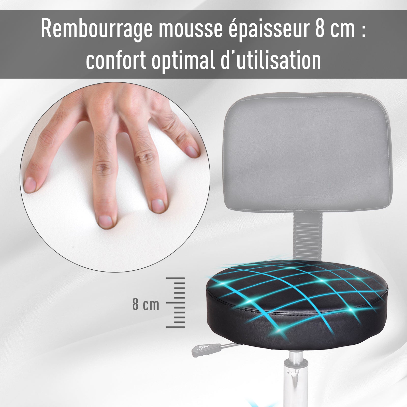 Black Height Adjustable Swivel Massage Stool with Ergonomic Backrest and Casters