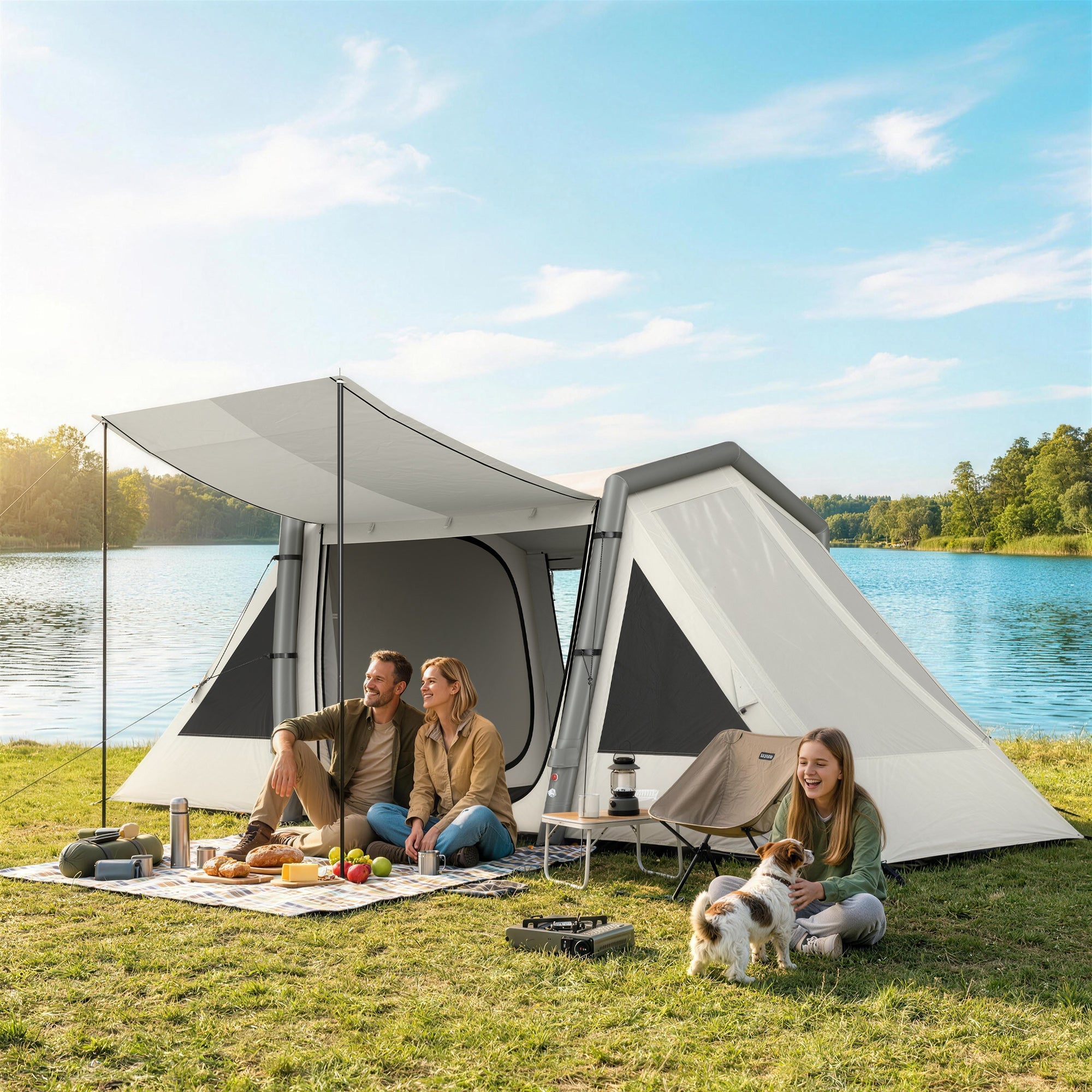 Inflatable 6-Person Tent — Fast Setup, Darkened Bedrooms, 2-Bedroom + Living Area, Porch, Fluorescent Pegs & Groundsheet, Waterproof Oxford Fabric
