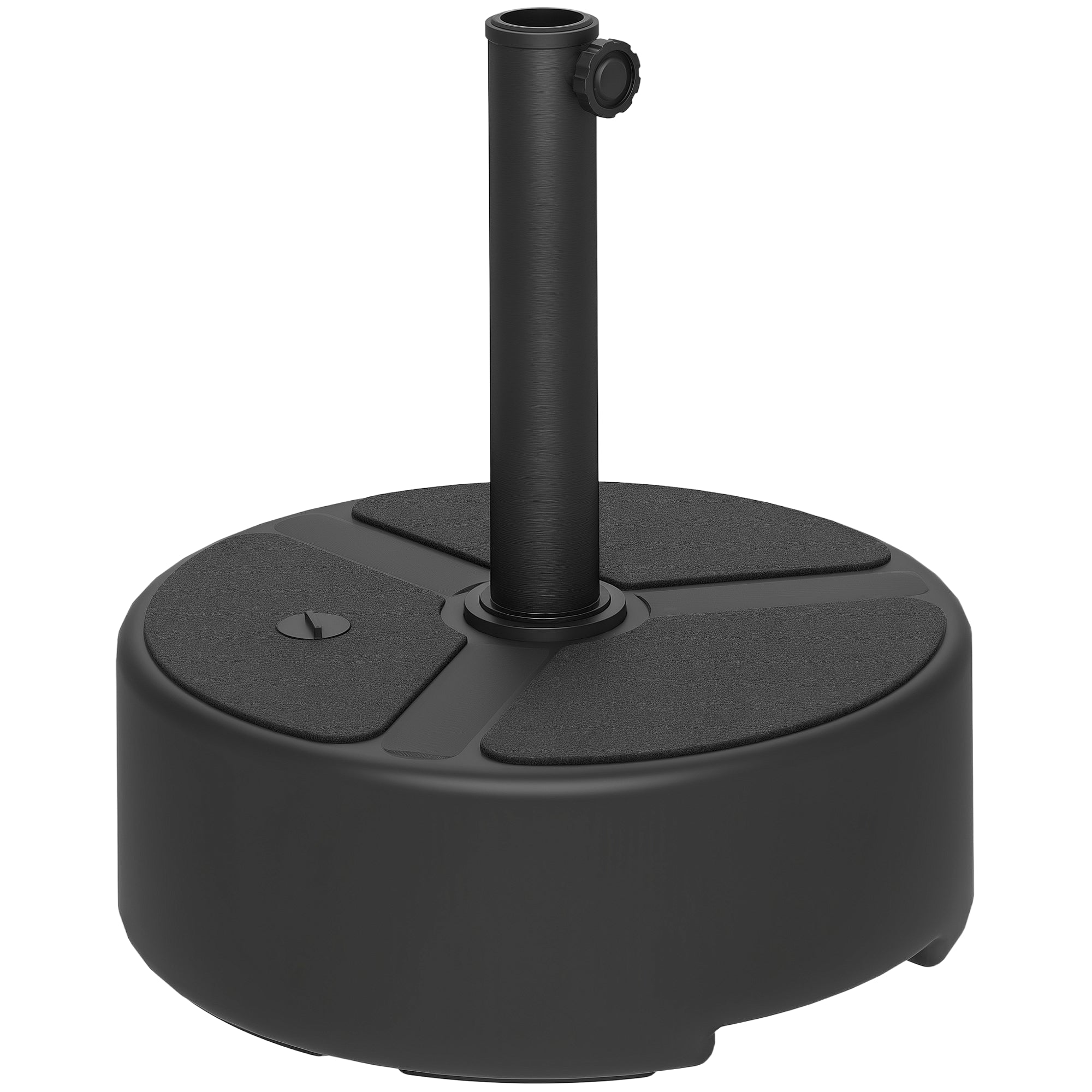 Fillable HDPE Umbrella Base — Round Stand for Ø38/Ø48 mm Poles, Holds 44 lb (20 kg) Sand or 40 lb (18 kg) Water, For Balcony/Patio/Garden — Black