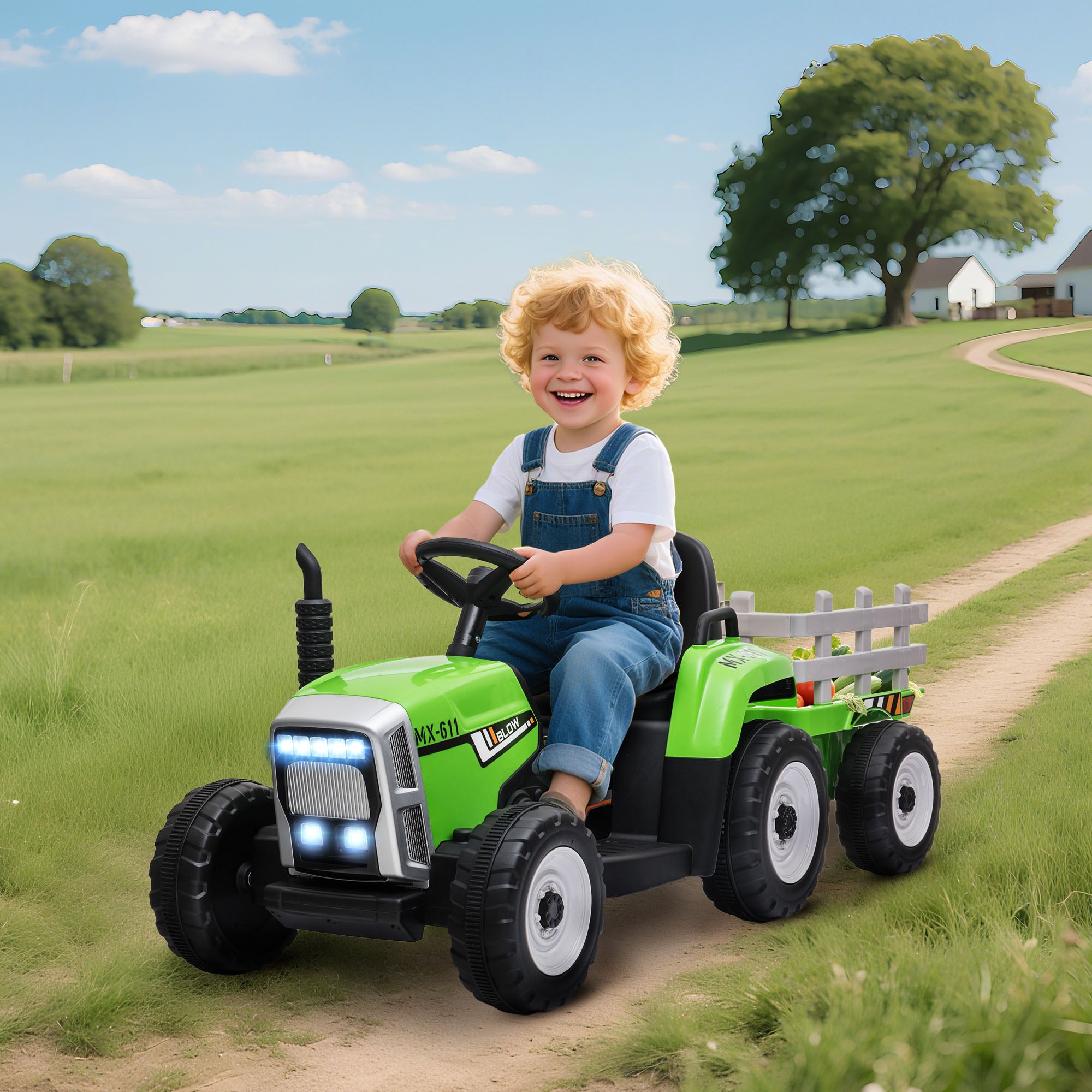 Electric Tractor with Trailer, Kids Ride-On Tractor with Remote Control, Kids Electric Car with MP3 Function, Children's Vehicle with Headlights, 3-6KM/H, for 3-6 Years, Green