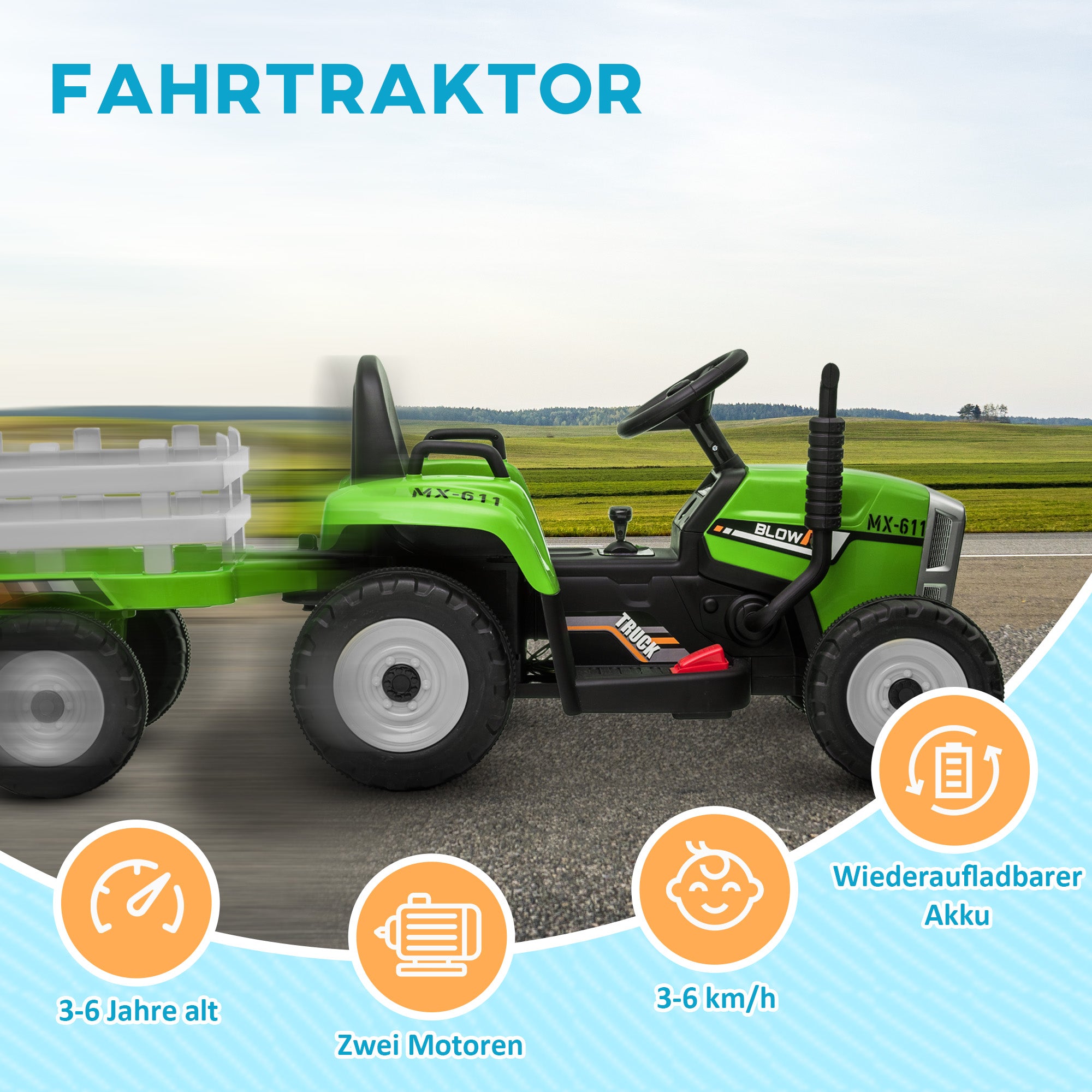 Electric Tractor with Trailer, Kids Ride-On Tractor with Remote Control, Kids Electric Car with MP3 Function, Children's Vehicle with Headlights, 3-6KM/H, for 3-6 Years, Green