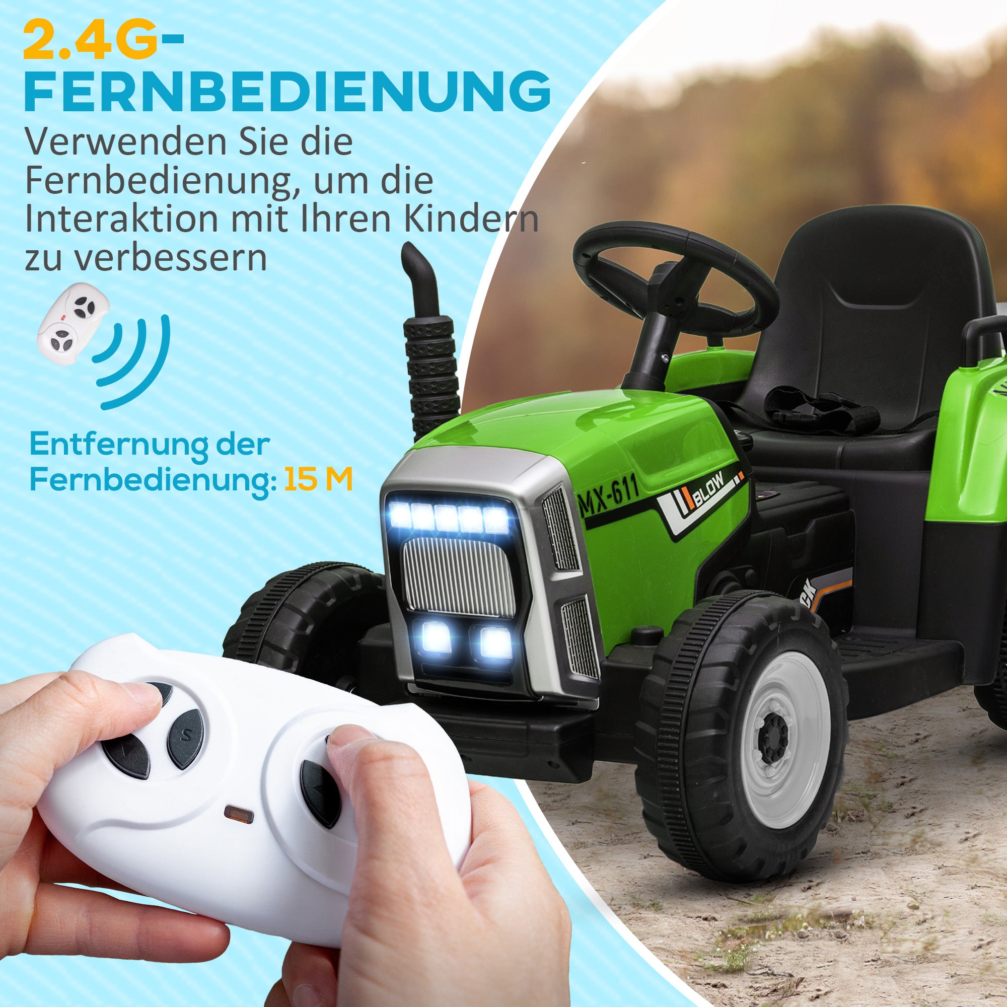 Electric Tractor with Trailer, Kids Ride-On Tractor with Remote Control, Kids Electric Car with MP3 Function, Children's Vehicle with Headlights, 3-6KM/H, for 3-6 Years, Green