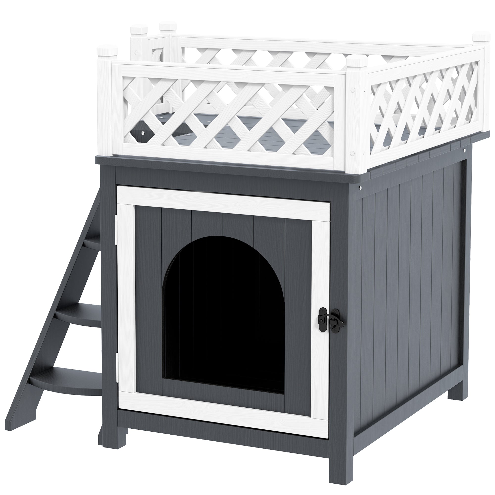 Cat House, 2-Story Outdoor Cat Condo with Balcony, Stairs, for Indoor and Outdoor Use, Solid Wood, 67.5 x 63 x 68.5 cm, Gray